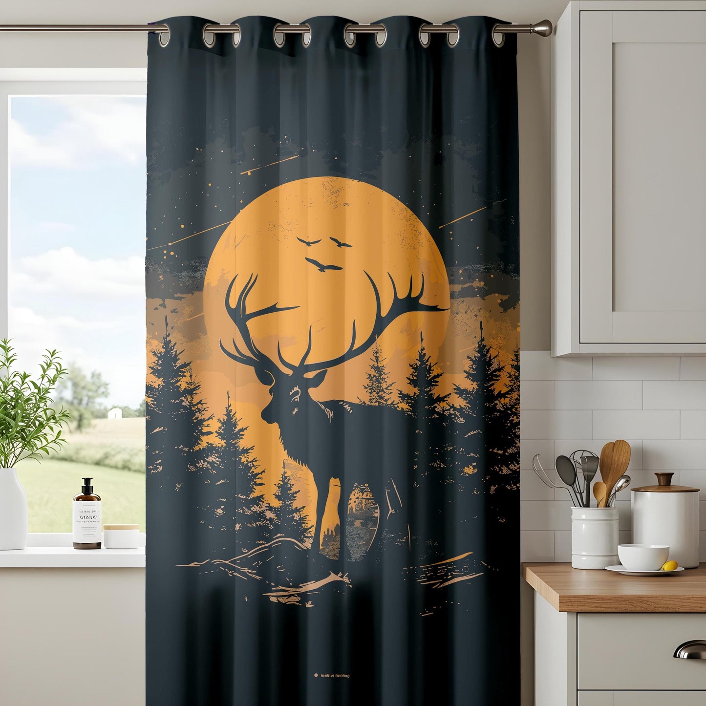 Onay Moody Forest Deer Curtains, Full Moon Silhouette Design Drapes