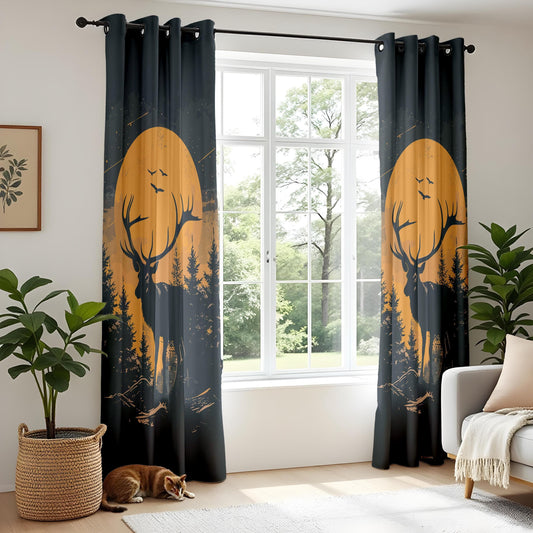 Onay Moody Forest Deer Curtains, Full Moon Silhouette Design Drapes