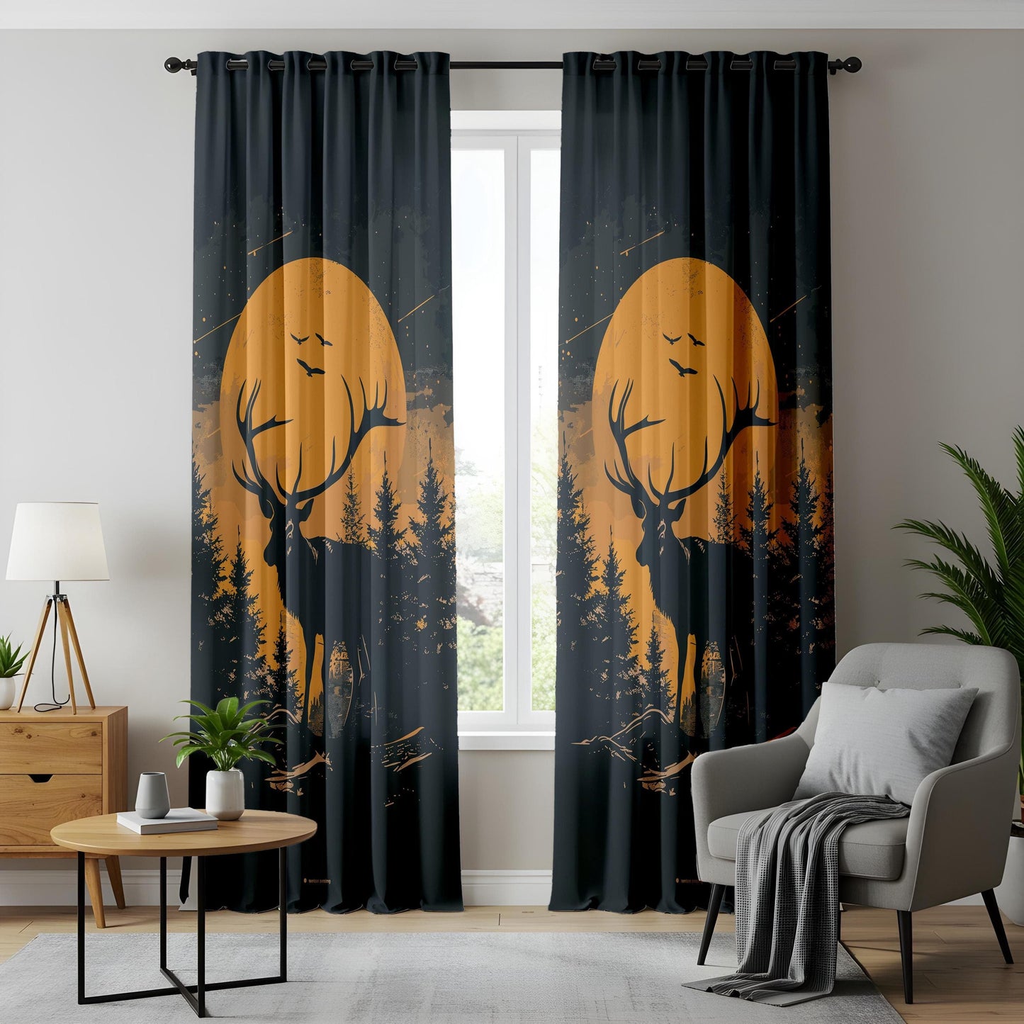 Onay Moody Forest Deer Curtains, Full Moon Silhouette Design Drapes