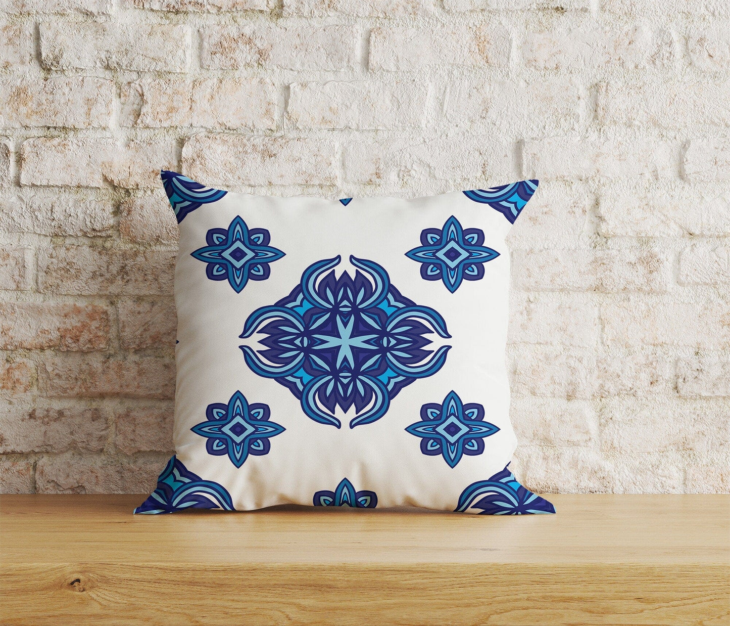 Onay Home Textile Cushion Covers 5 / 12 x 12 inch (30 x 30 cm) Double Side Moroccan Tiles Cushion Cover Blue Tile Design Pillow Cover