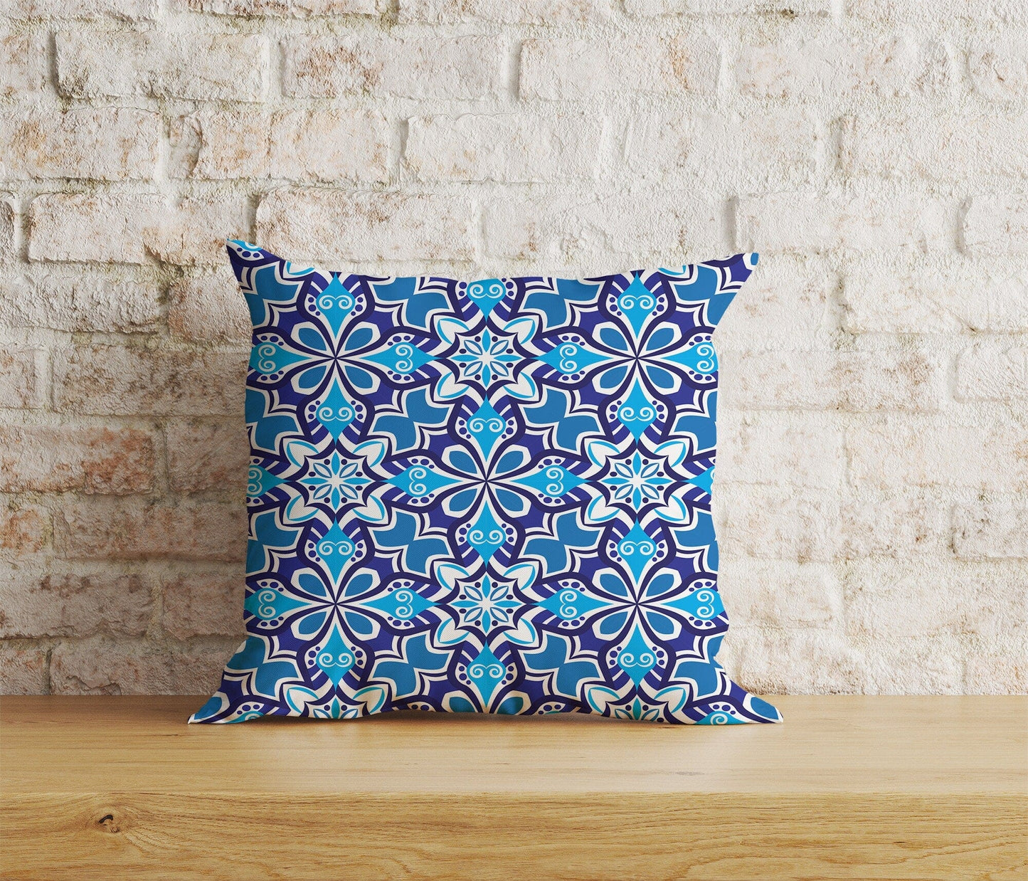 Onay Home Textile Cushion Covers 1 / 12 x 12 inch (30 x 30 cm) Double Side Moroccan Tiles Cushion Cover Blue Tile Design Pillow Cover