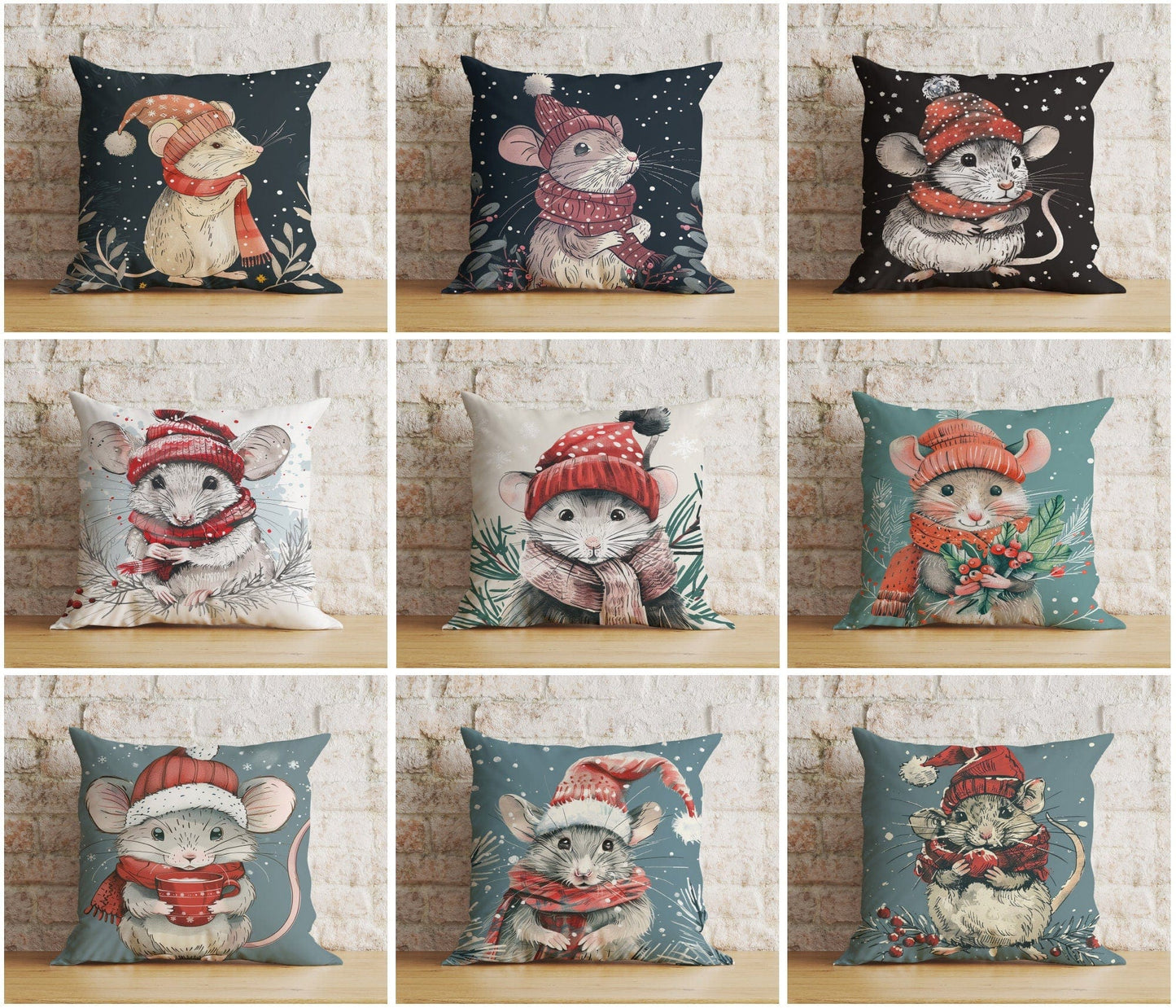 Onay Mouse in Santa Hats Xmas Winter Snowy Cushion Cover