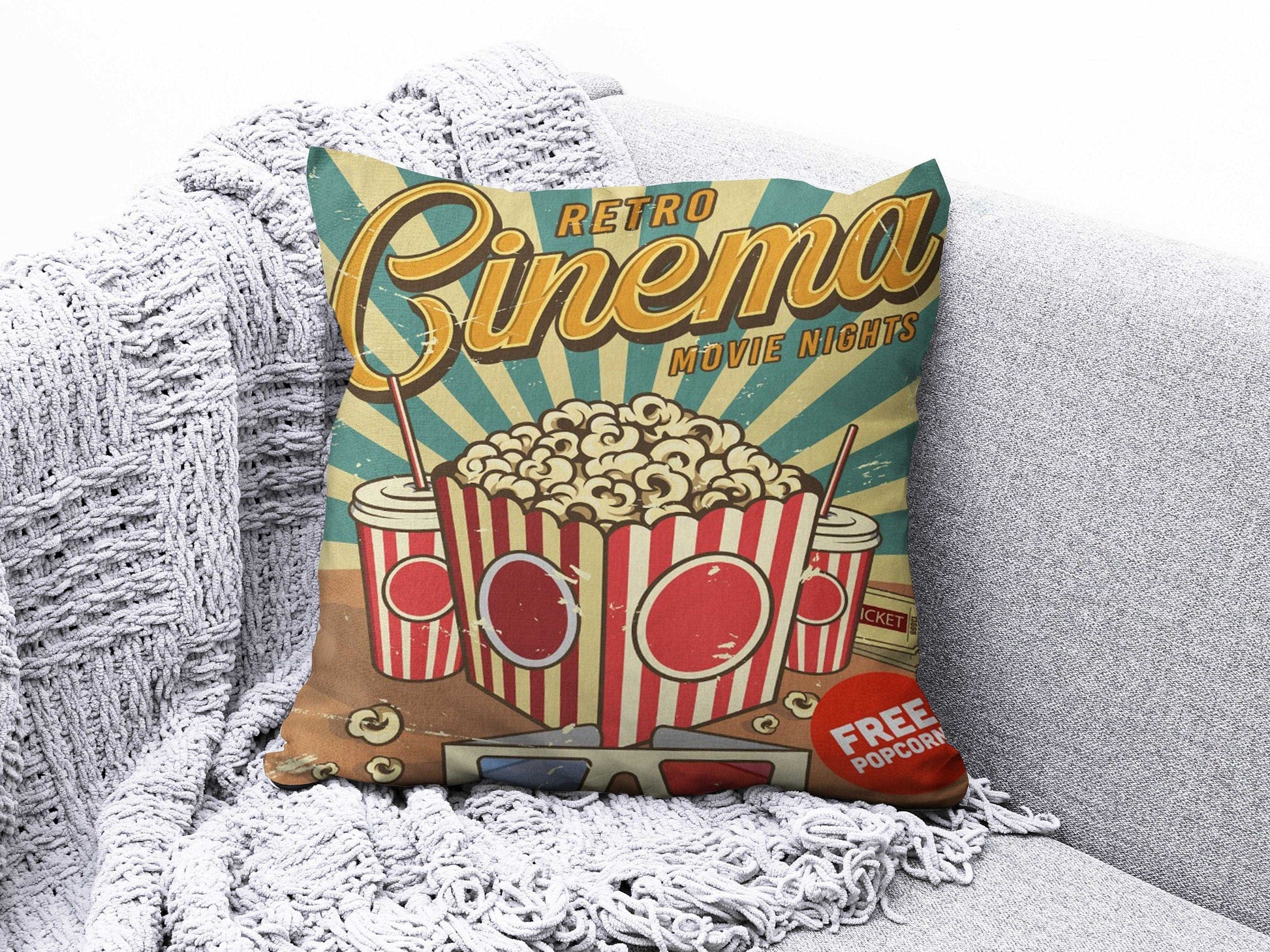 Onay 8 / 12 x 12 inch (30 x 30 cm) Movie Camera Popcorn Retro Cinema Movie Cushion Cover
