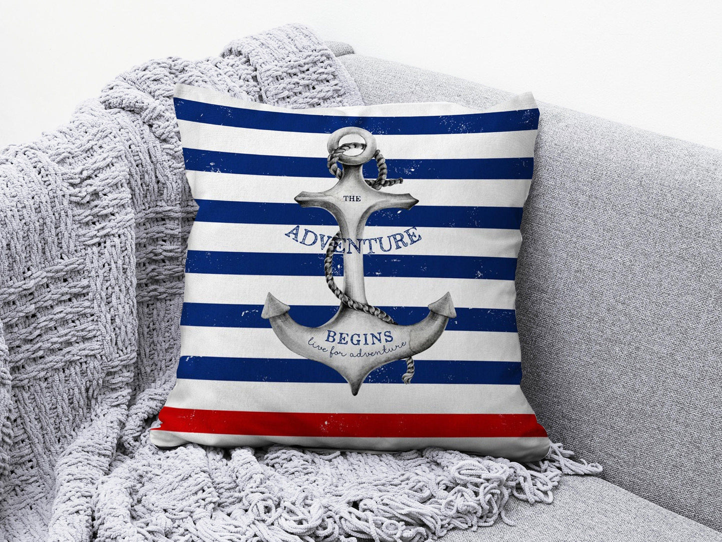 Onay 5 / 12 x 12 inch (30 x 30 cm) Nautical Anchor Navy Blue & Red Coastal Decor Cushion Cover
