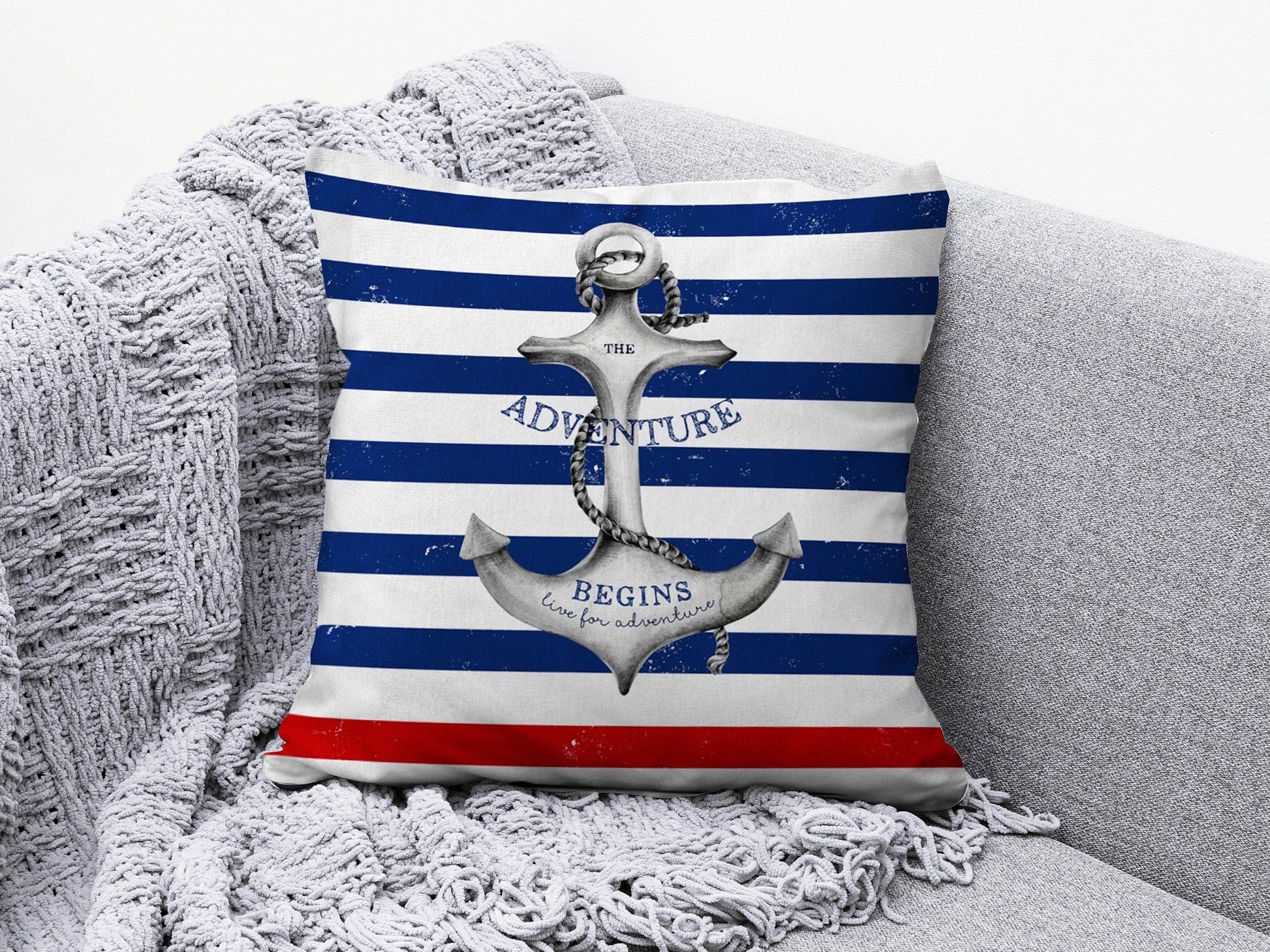 Onay 5 / 12 x 12 inch (30 x 30 cm) Nautical Anchor Navy Blue & Red Coastal Decor Cushion Cover