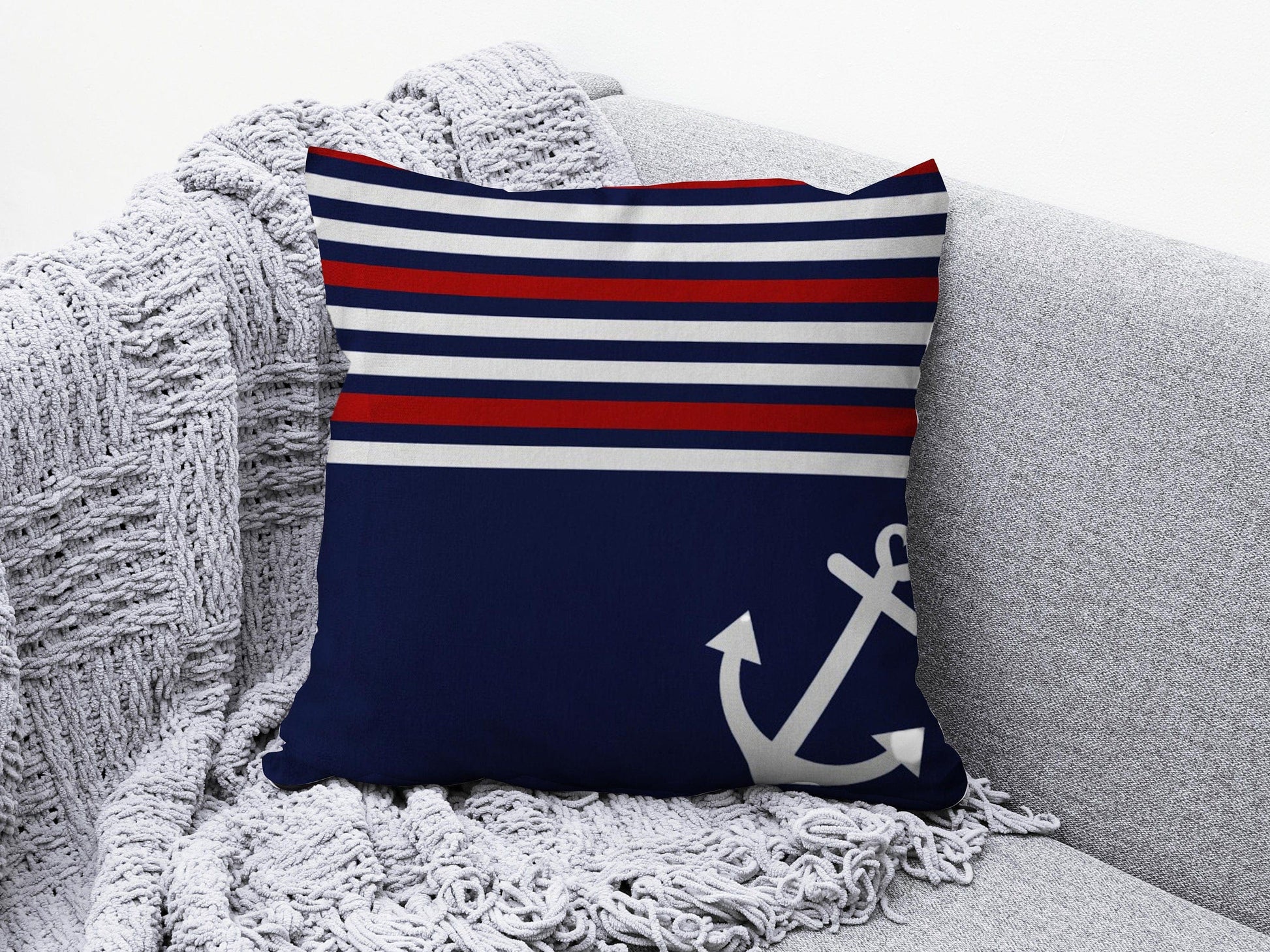 Onay 4 / 12 x 12 inch (30 x 30 cm) Nautical Anchor Navy Blue & Red Coastal Decor Cushion Cover