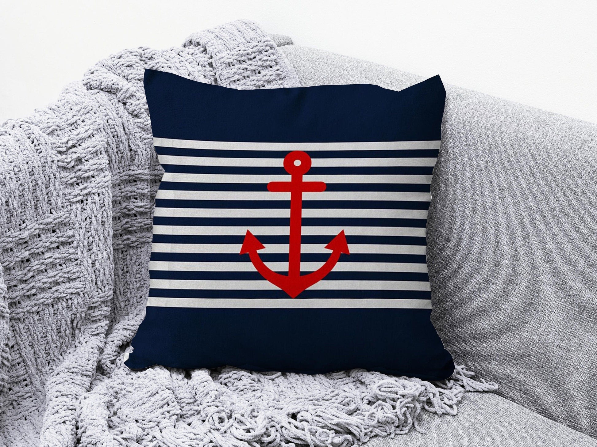 Onay 3 / 12 x 12 inch (30 x 30 cm) Nautical Anchor Navy Blue & Red Coastal Decor Cushion Cover