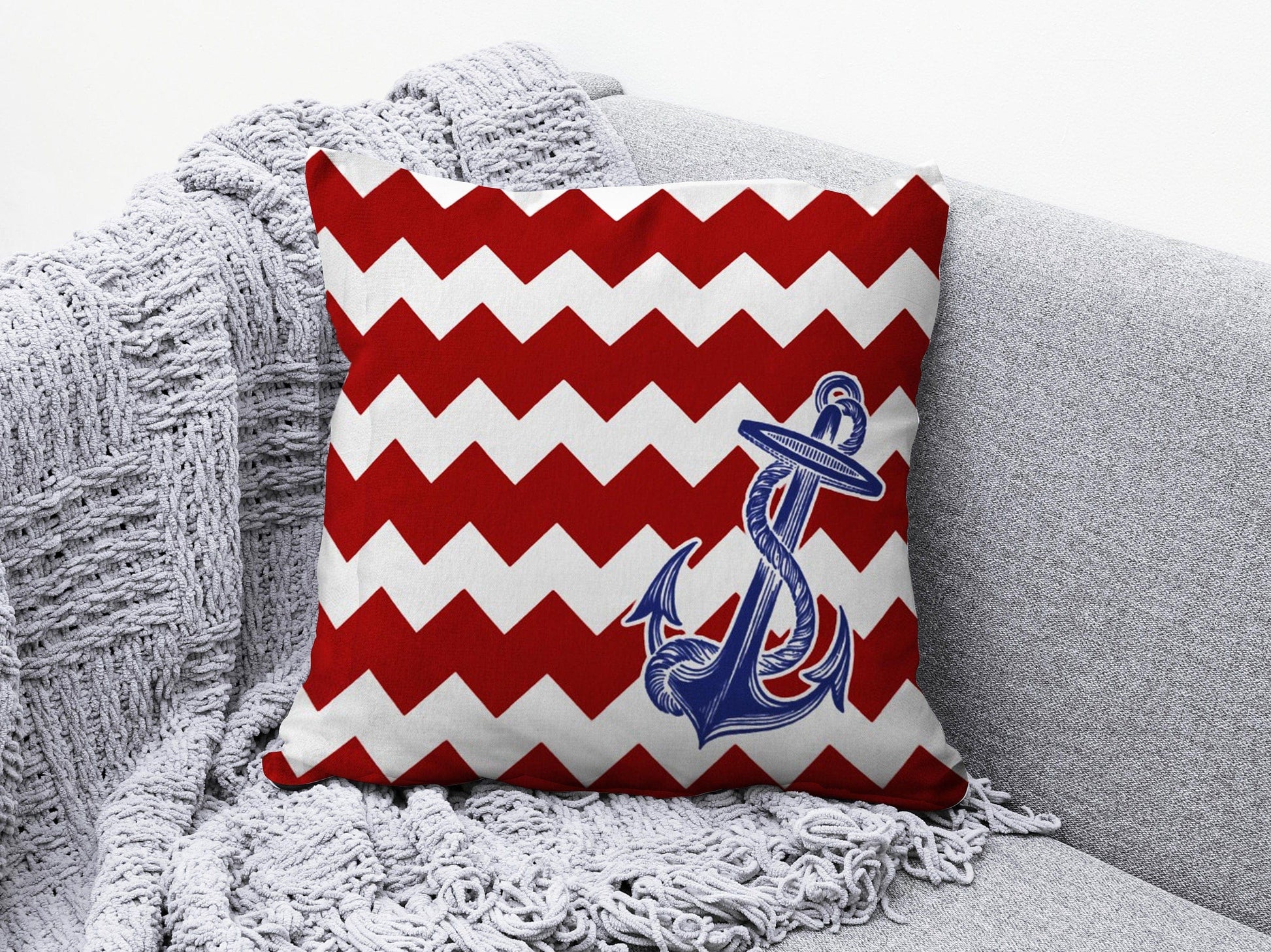 Onay 2 / 12 x 12 inch (30 x 30 cm) Nautical Anchor Navy Blue & Red Coastal Decor Cushion Cover