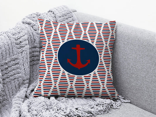 Onay 1 / 12 x 12 inch (30 x 30 cm) Nautical Anchor Navy Blue & Red Coastal Decor Cushion Cover