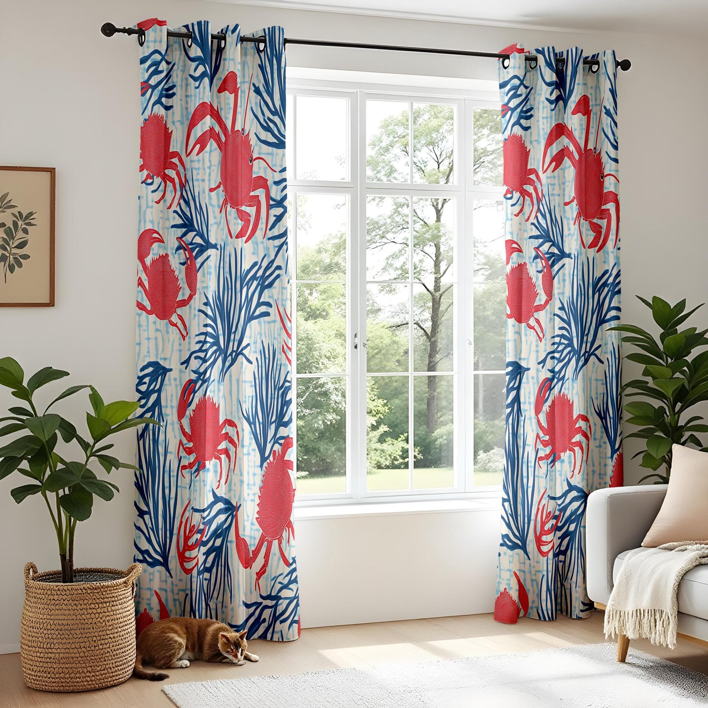 Onay Nautical Crab Pattern Curtains, Coastal Beach House Window Drapes