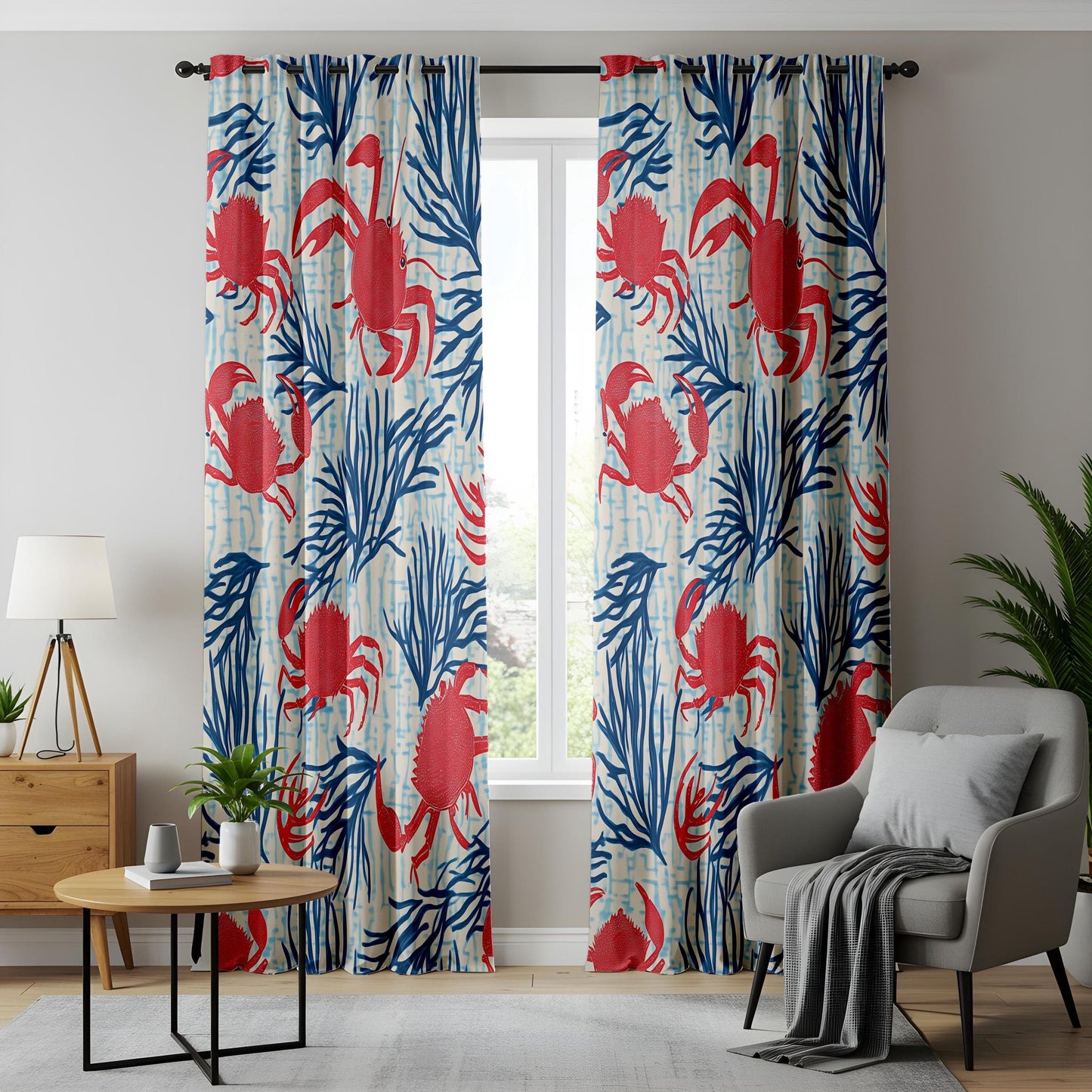 Onay Nautical Crab Pattern Curtains, Coastal Beach House Window Drapes