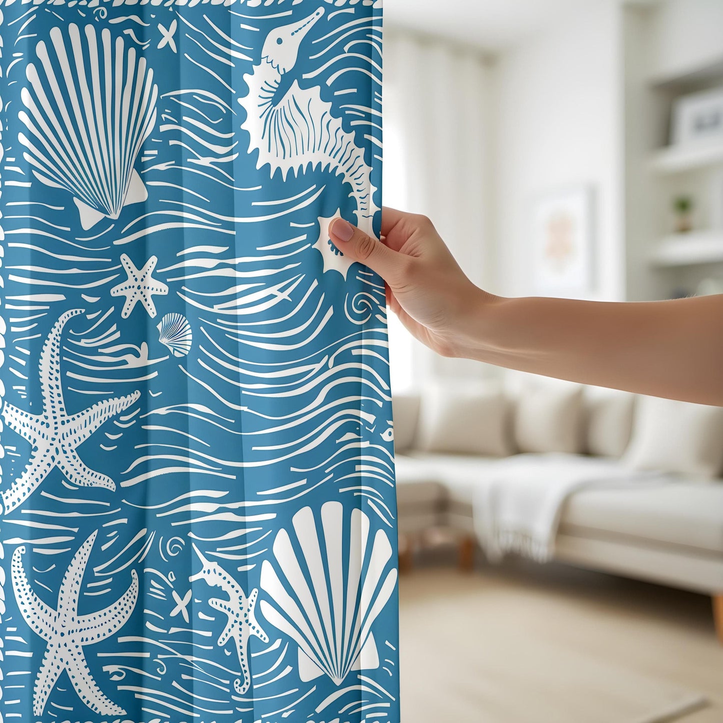 Onay Nautical Sea Life Curtains, Blue Coastal Window Drapes, Starfish and Seahorse Pattern