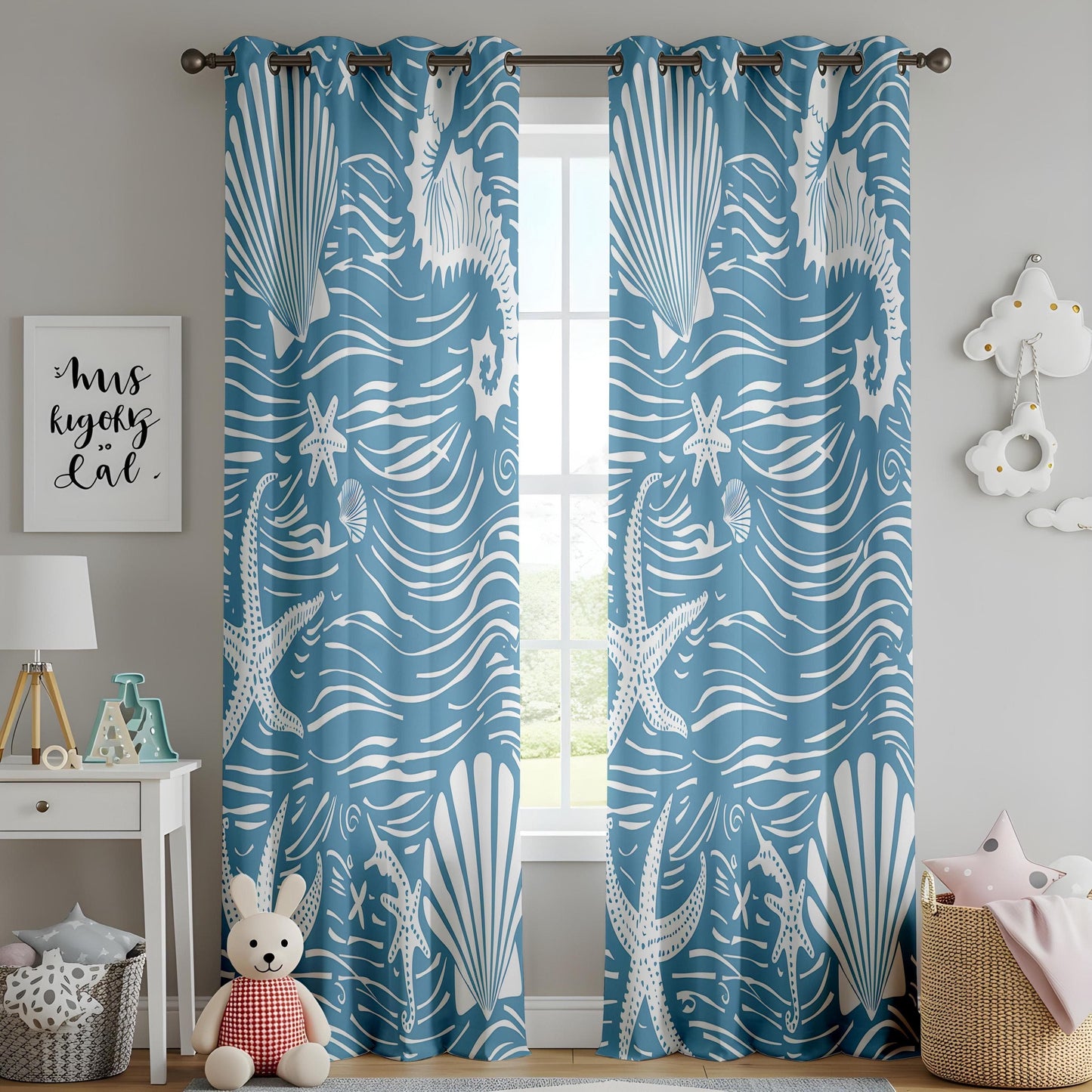 Onay Nautical Sea Life Curtains, Blue Coastal Window Drapes, Starfish and Seahorse Pattern