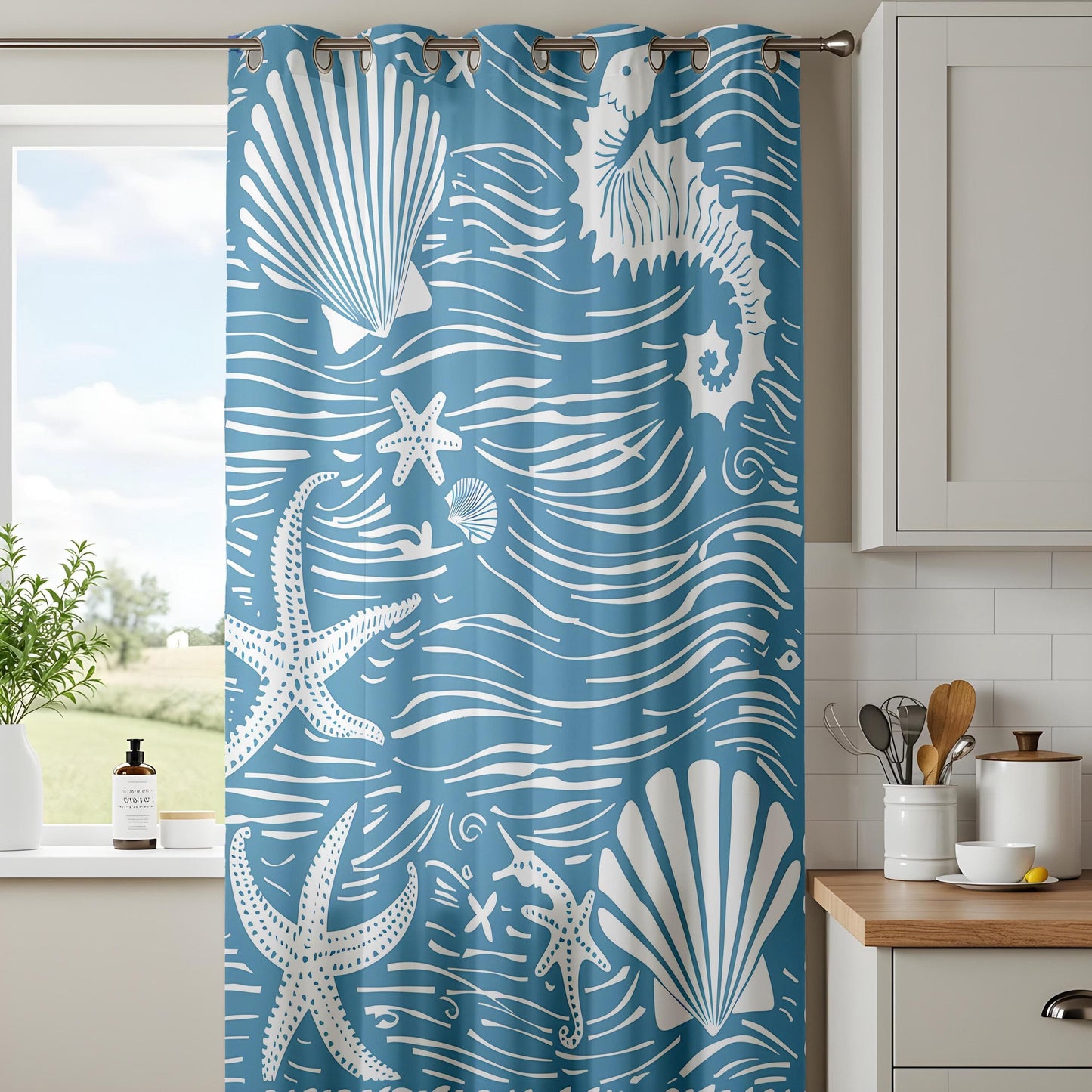 Onay Nautical Sea Life Curtains, Blue Coastal Window Drapes, Starfish and Seahorse Pattern