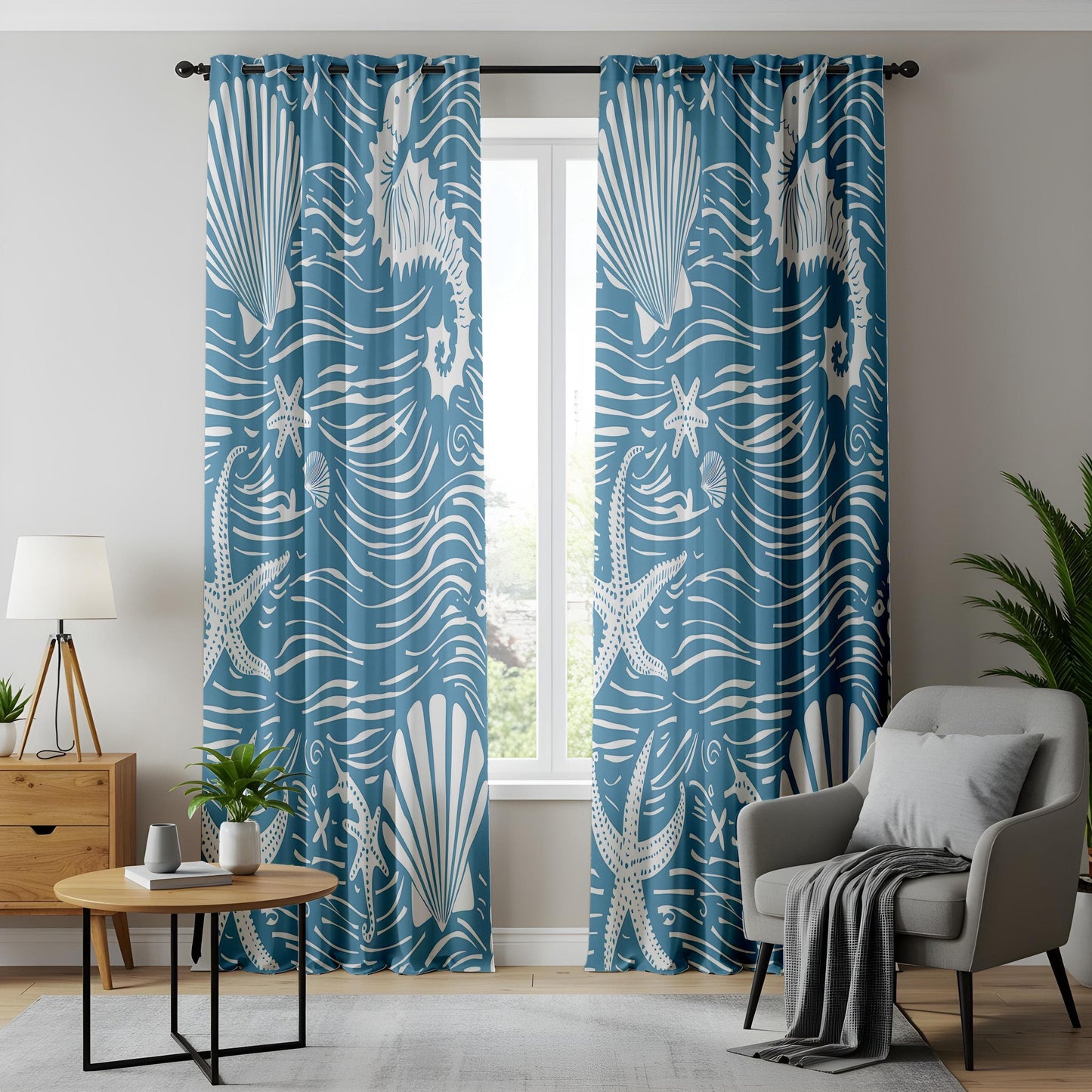 Onay Nautical Sea Life Curtains, Blue Coastal Window Drapes, Starfish and Seahorse Pattern