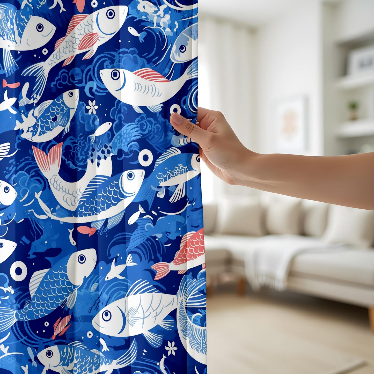 Onay Nautical Water-Themed Window Curtains, Elegant Koi Fish Pattern Drapes