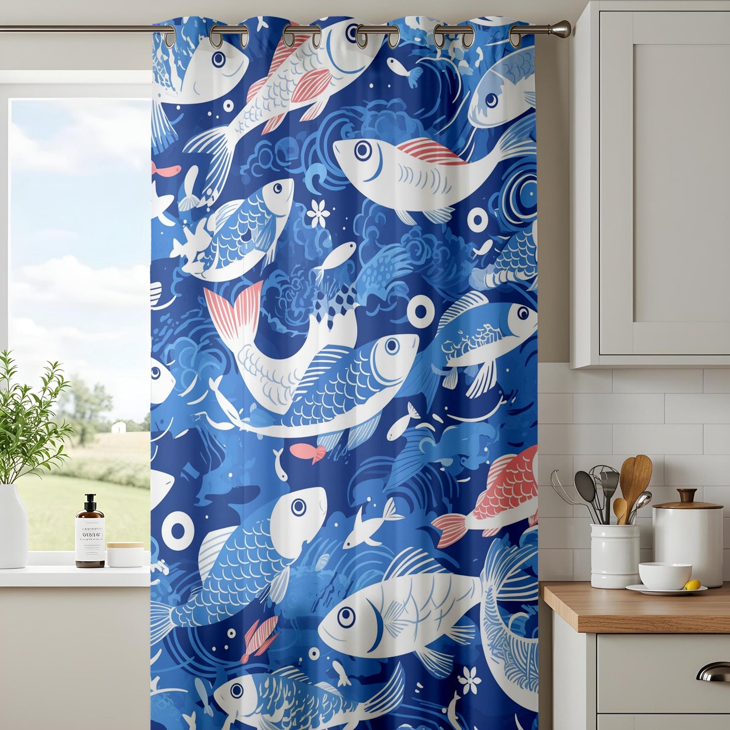 Onay Nautical Water-Themed Window Curtains, Elegant Koi Fish Pattern Drapes