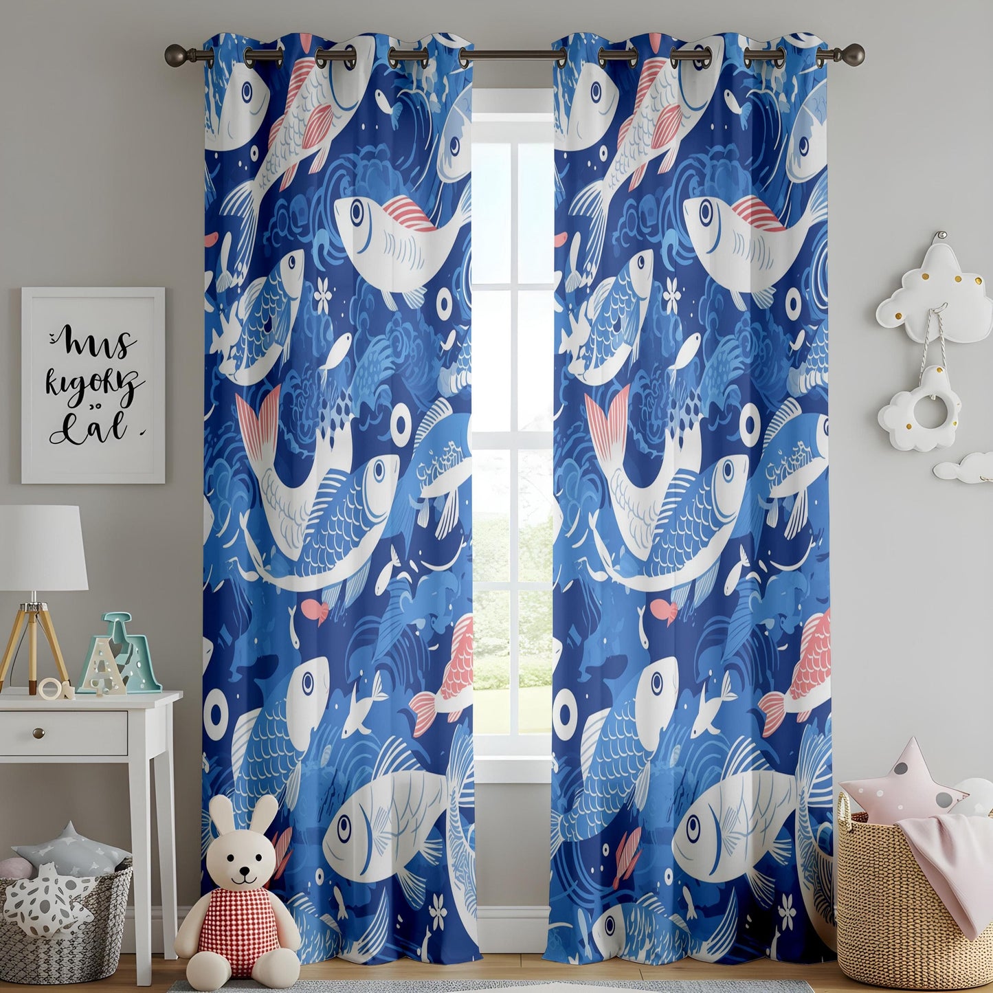 Onay Nautical Water-Themed Window Curtains, Elegant Koi Fish Pattern Drapes