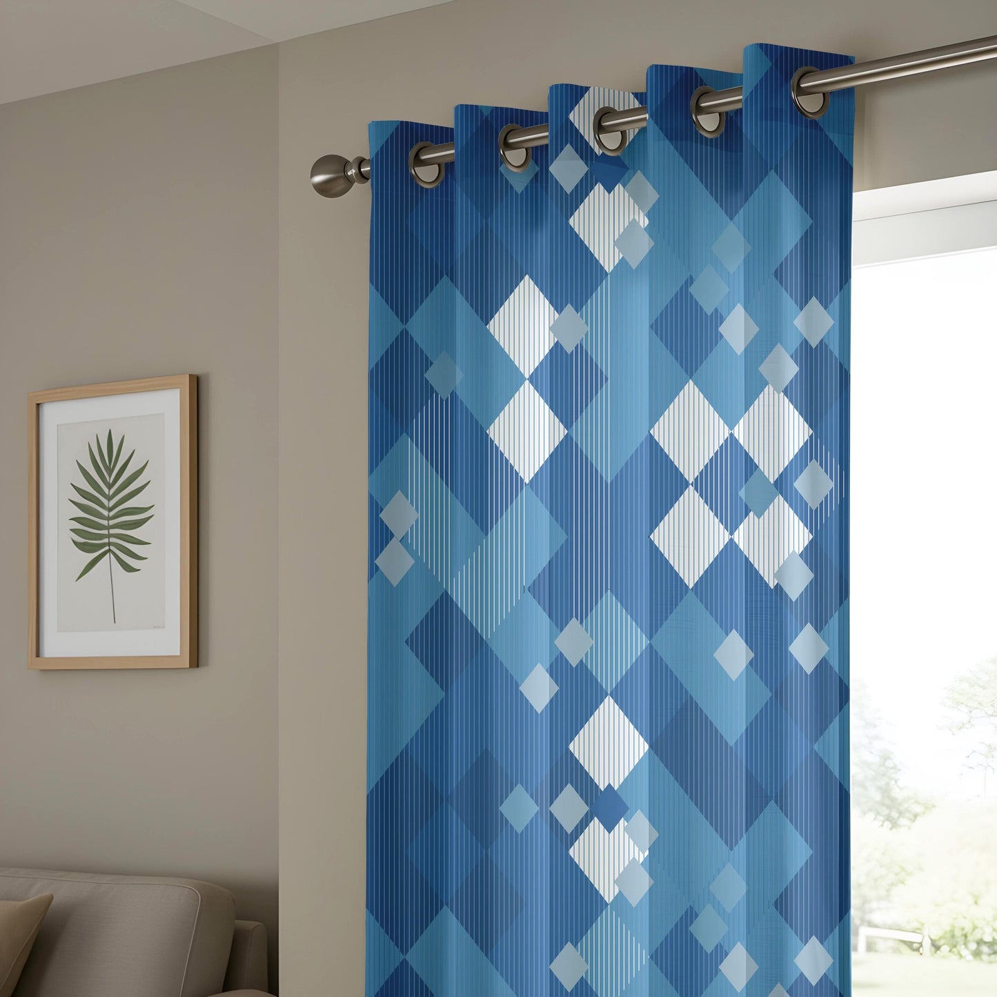 Onay Navy and Light Blue Square Curtains – Minimalist Grid Pattern Drapes for Kitchen