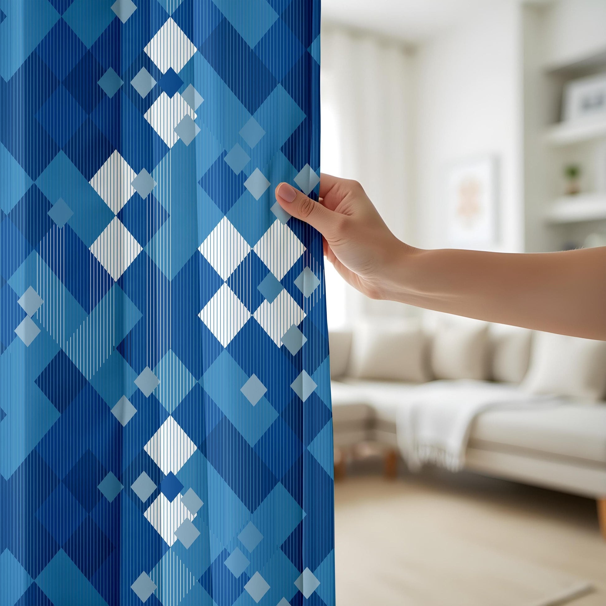 Onay Navy and Light Blue Square Curtains – Minimalist Grid Pattern Drapes for Kitchen