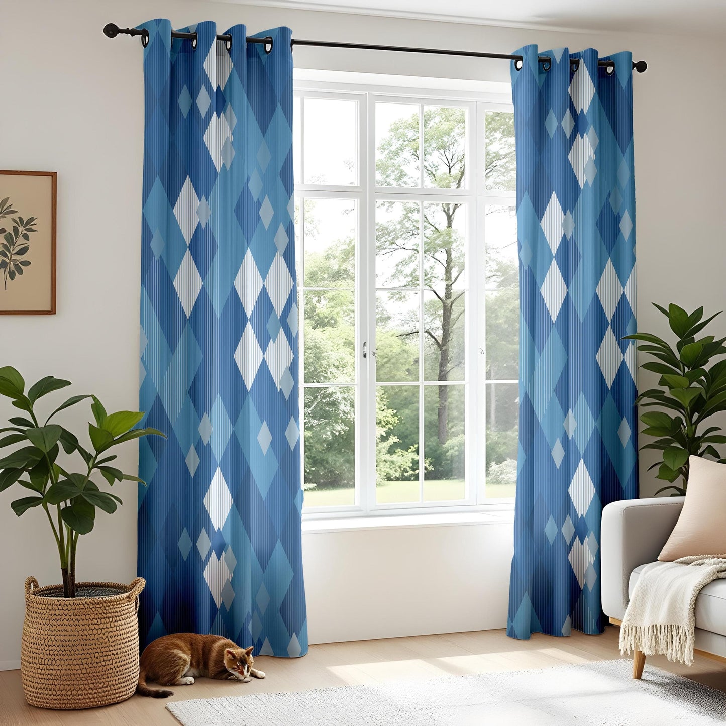Onay Navy and Light Blue Square Curtains – Minimalist Grid Pattern Drapes for Kitchen
