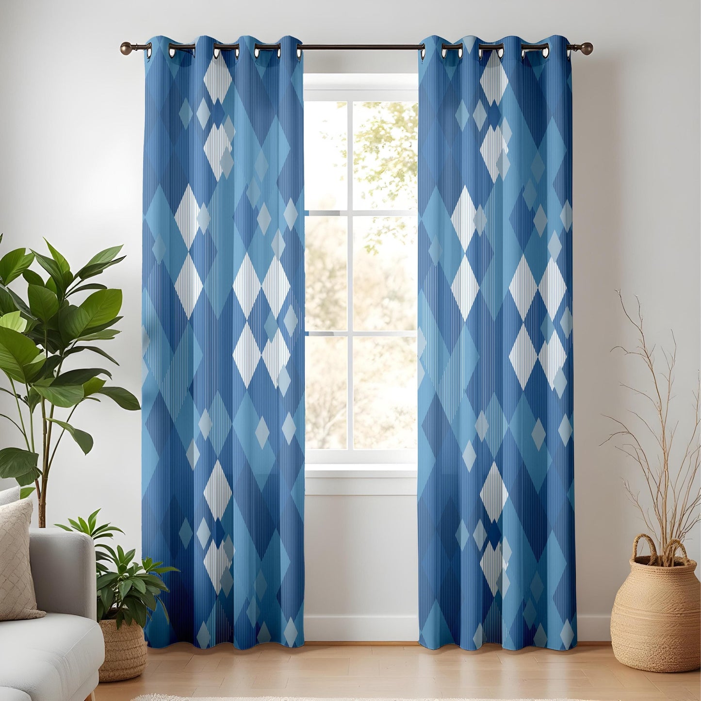 Onay Navy and Light Blue Square Curtains – Minimalist Grid Pattern Drapes for Kitchen