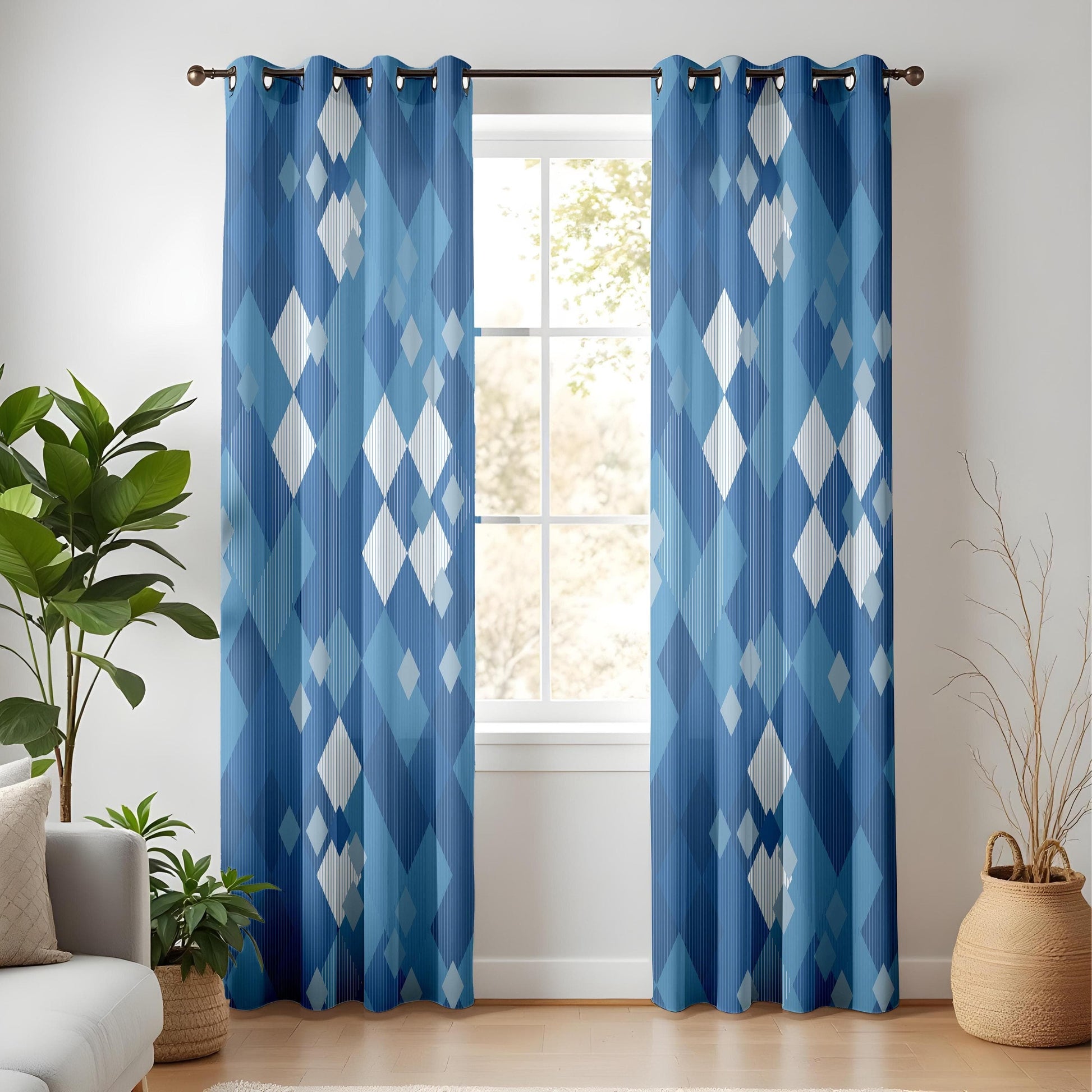 Onay Navy and Light Blue Square Curtains – Minimalist Grid Pattern Drapes for Kitchen