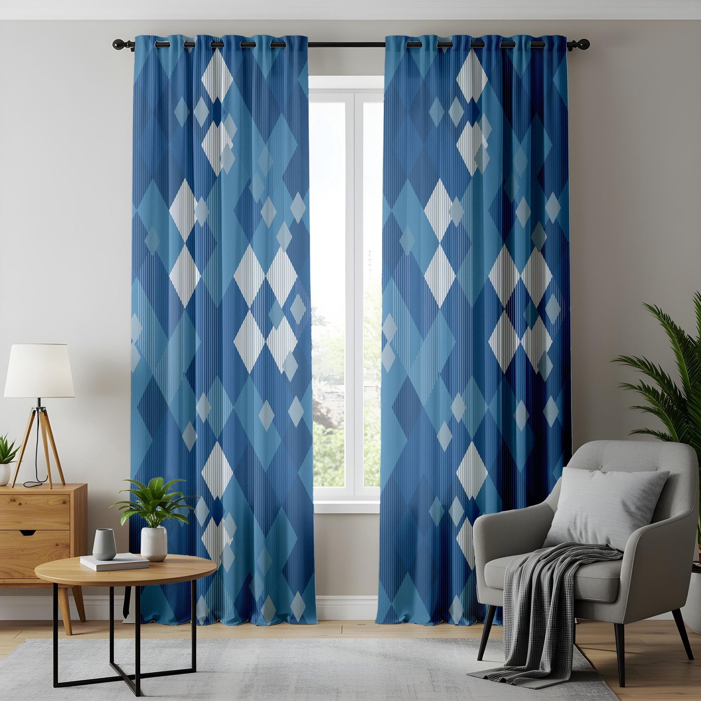 Onay Navy and Light Blue Square Curtains – Minimalist Grid Pattern Drapes for Kitchen