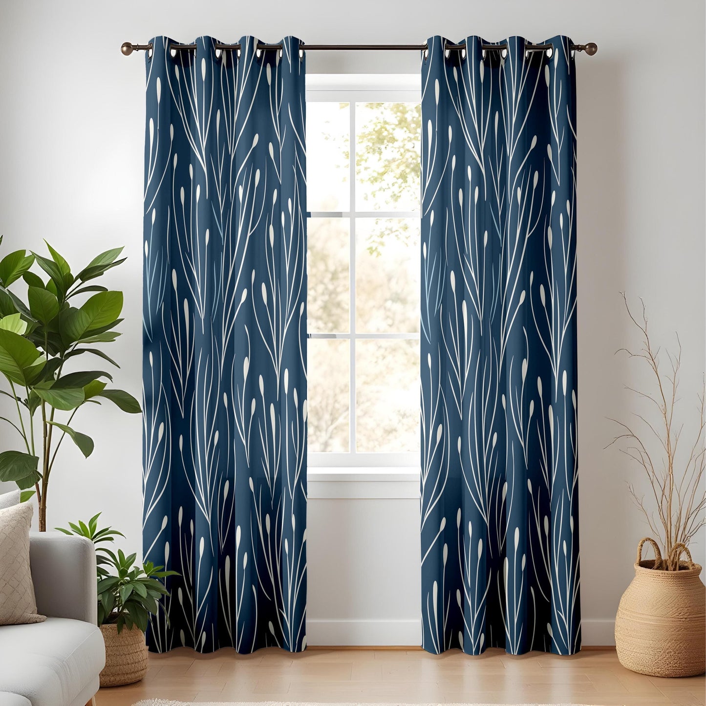 Onay Navy Blue Botanical Curtains – Minimalist Drapes with Elegant Leaf Pattern