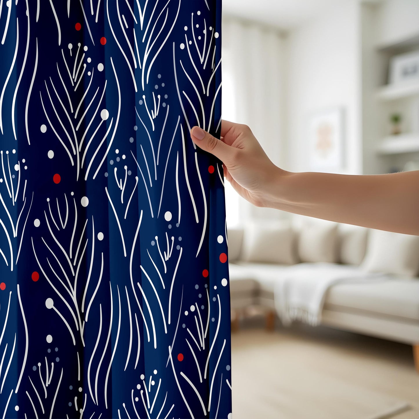 Onay Navy Blue Festive Botanical Curtains, Modern Red and White Accents