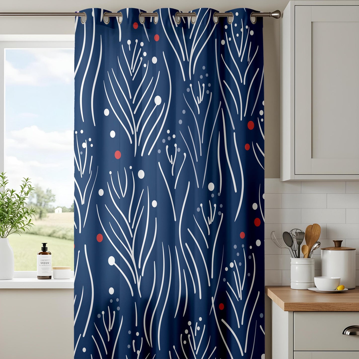 Onay Navy Blue Festive Botanical Curtains, Modern Red and White Accents