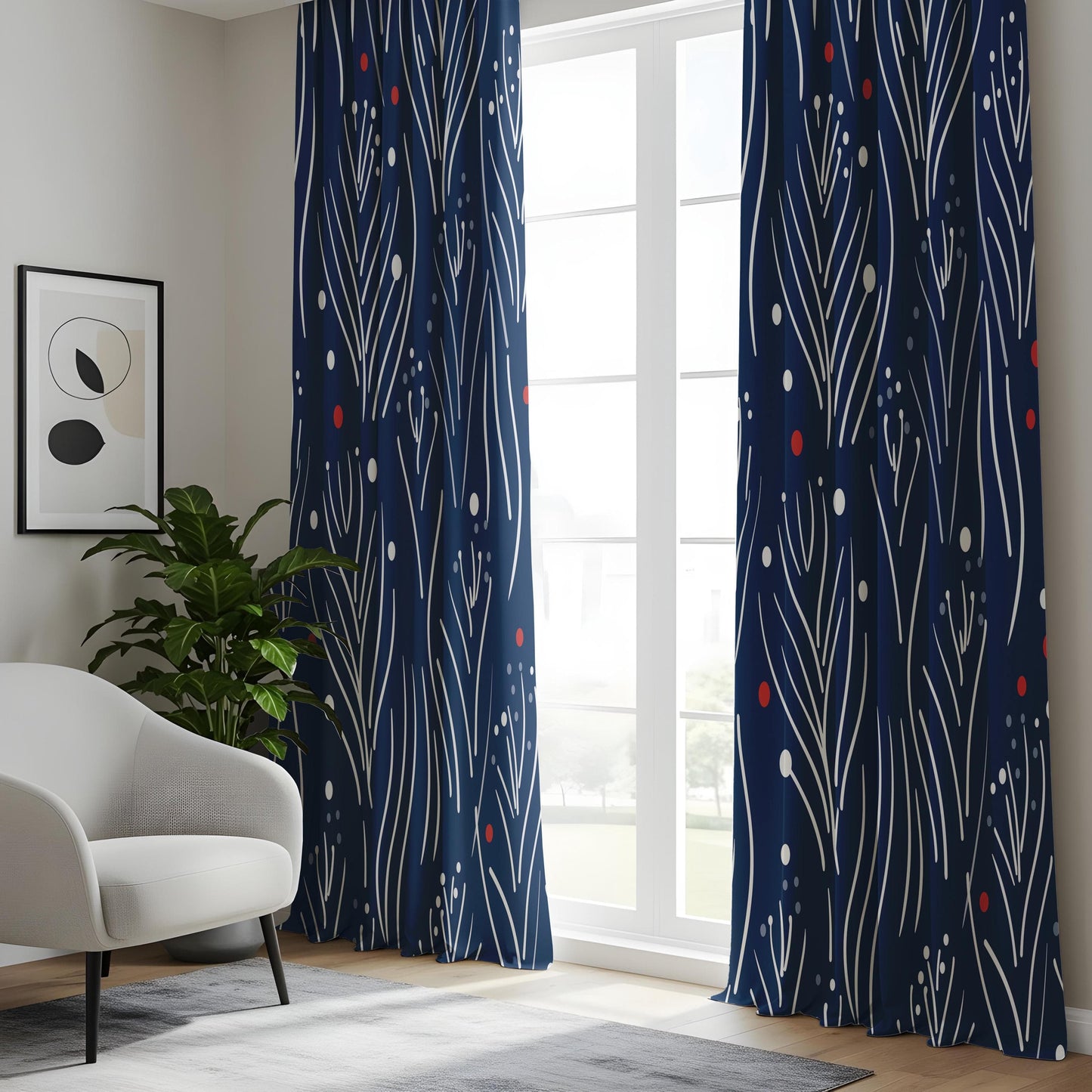 Onay Navy Blue Festive Botanical Curtains, Modern Red and White Accents