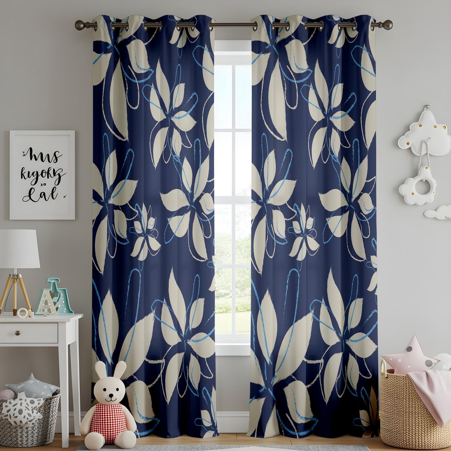 Onay Navy Blue Floral Curtains Hand-Drawn Botanical Drapes