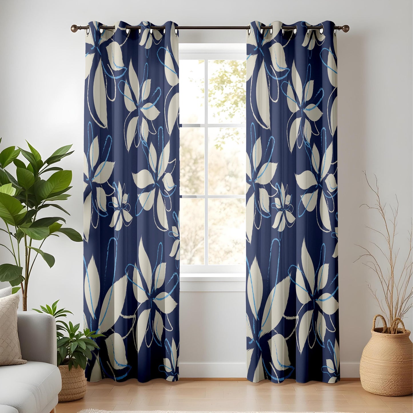 Onay Navy Blue Floral Curtains Hand-Drawn Botanical Drapes