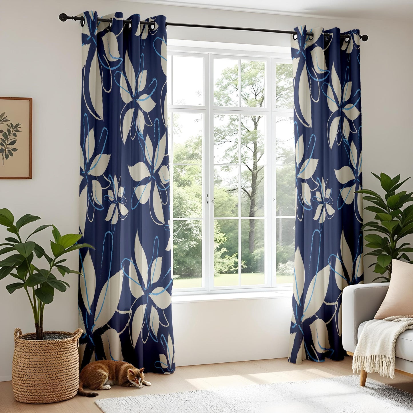 Onay Navy Blue Floral Curtains Hand-Drawn Botanical Drapes