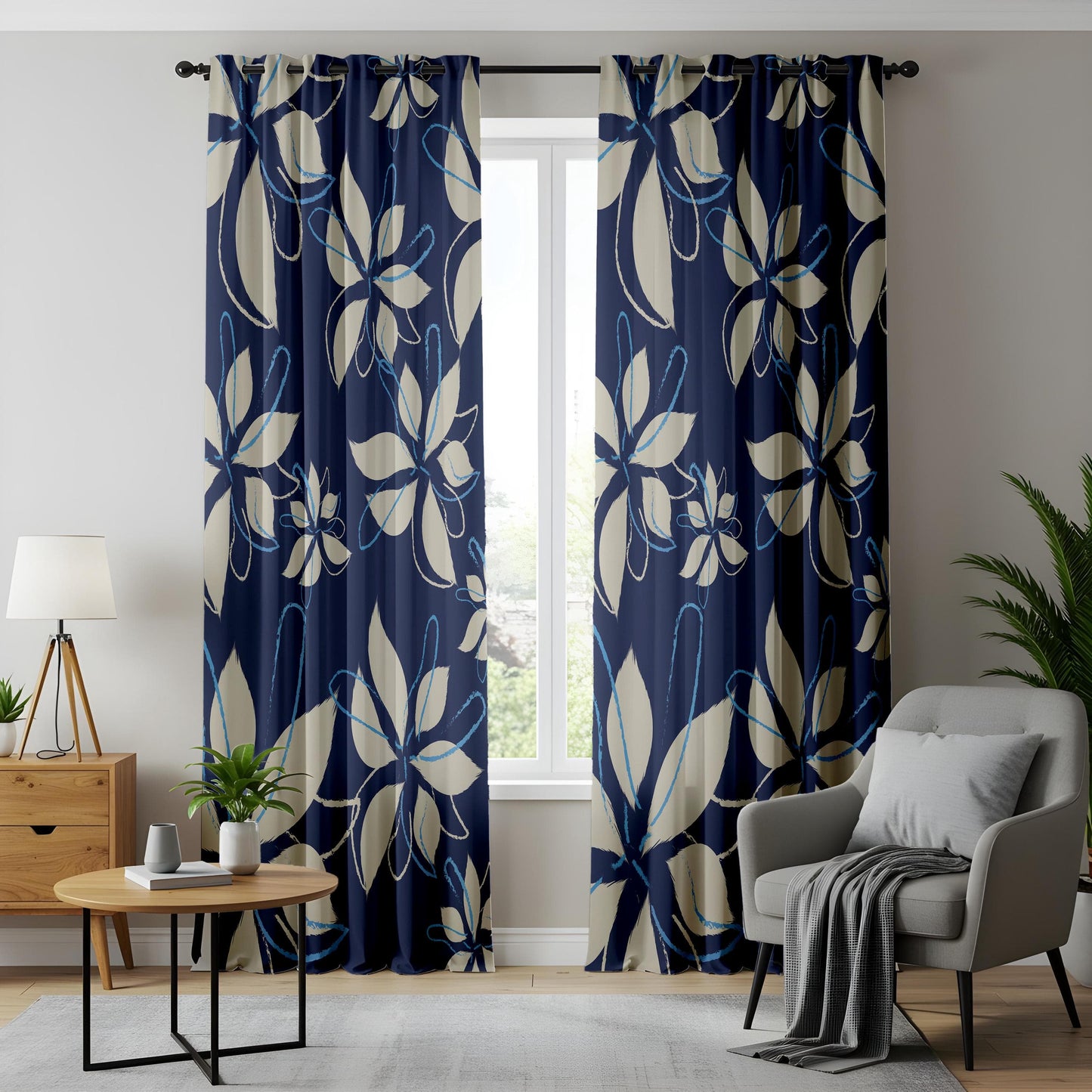 Onay Navy Blue Floral Curtains Hand-Drawn Botanical Drapes