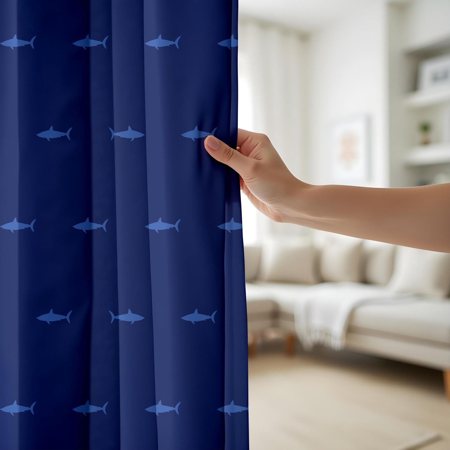 Onay Navy Blue Shark Curtains – Ocean-Themed Drapes with Marine Animal Pattern for Coastal Living Room