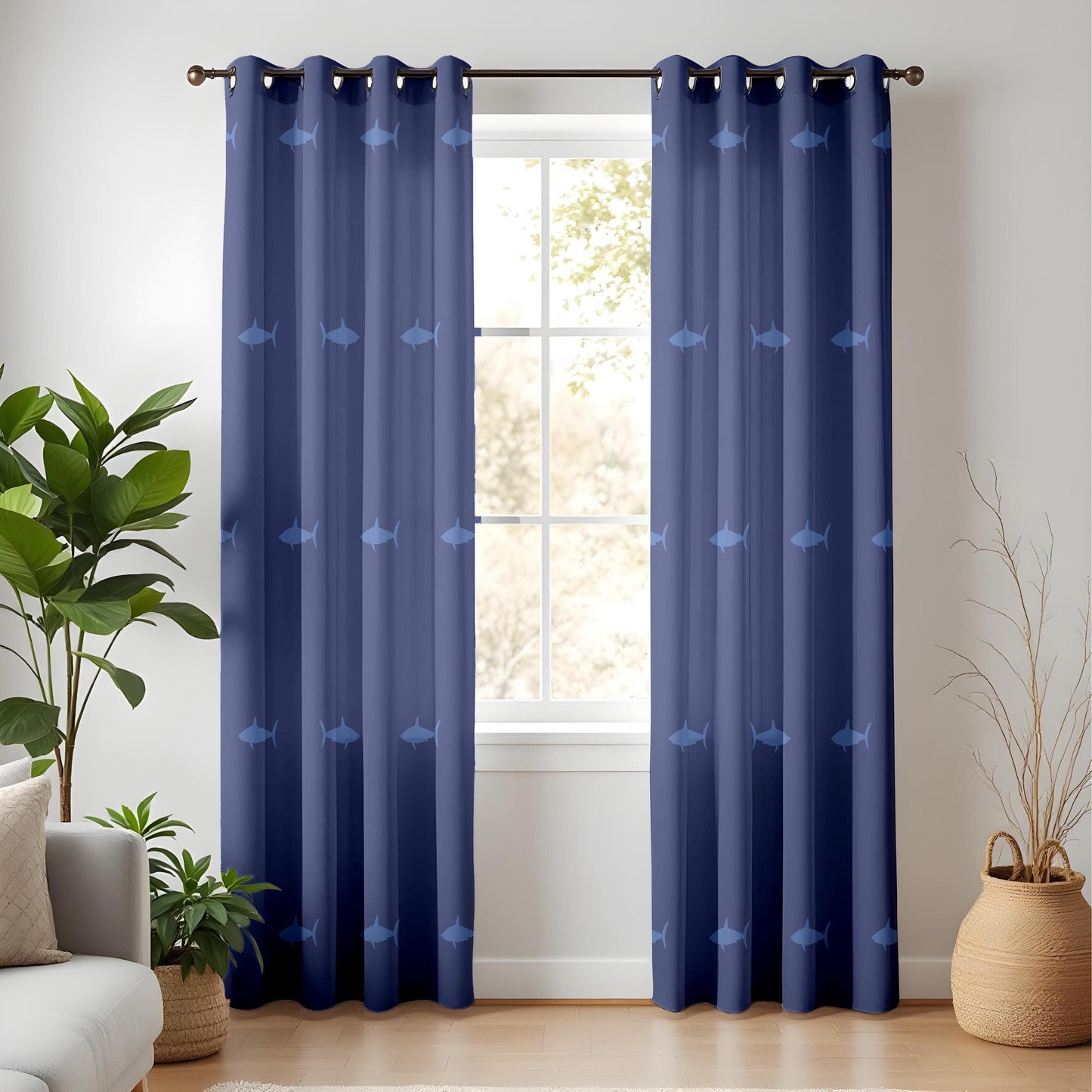Onay Navy Blue Shark Curtains – Ocean-Themed Drapes with Marine Animal Pattern for Coastal Living Room
