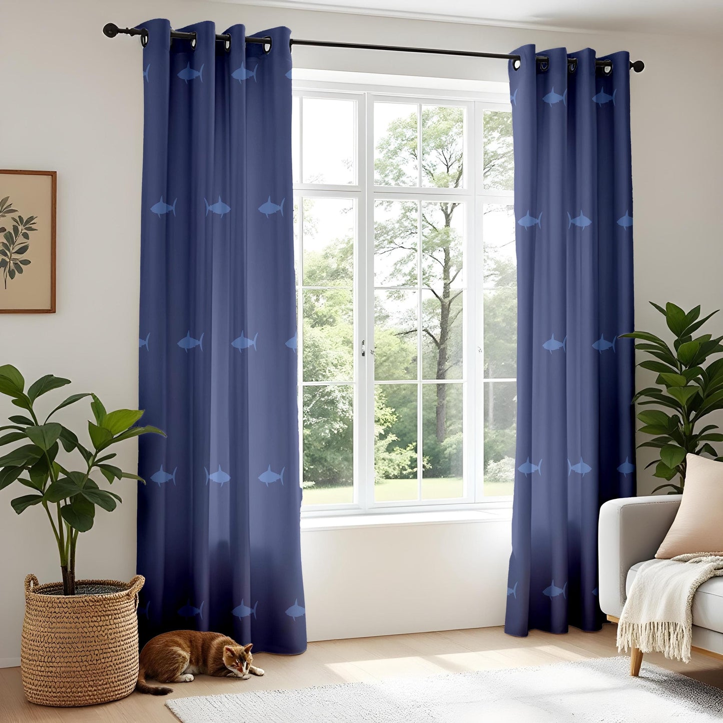 Onay Navy Blue Shark Curtains – Ocean-Themed Drapes with Marine Animal Pattern for Coastal Living Room