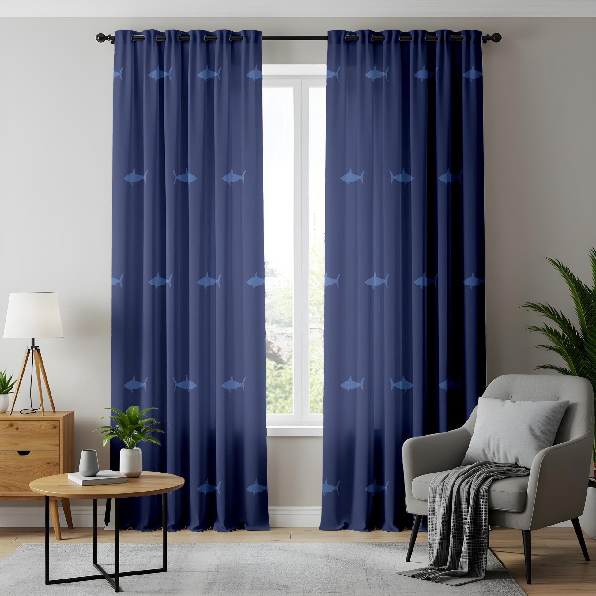 Onay Navy Blue Shark Curtains – Ocean-Themed Drapes with Marine Animal Pattern for Coastal Living Room