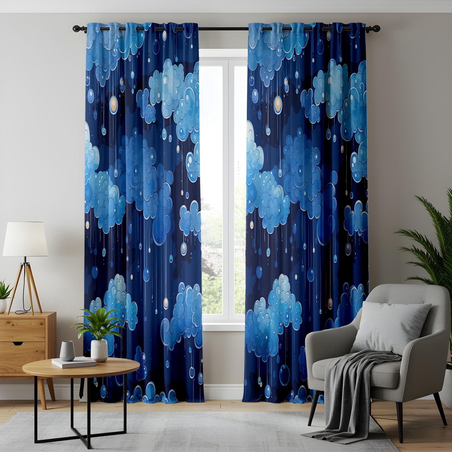 Onay Night Sky Cloud Curtains for Kids Room, Dreamy Blue Rain Window Drapes