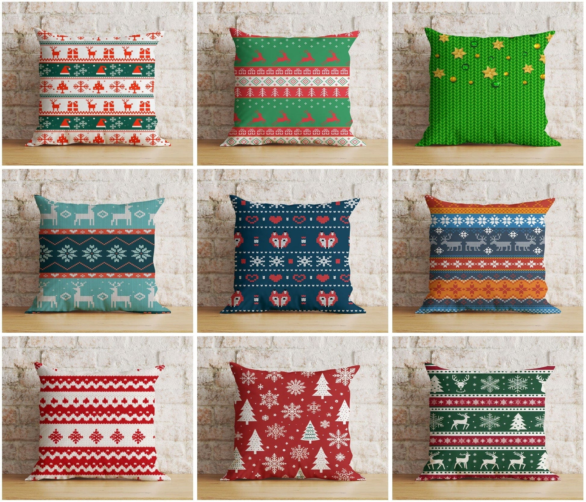 Onay Nordic Xmas Red and Green Knitted Patterns Cushion Cover