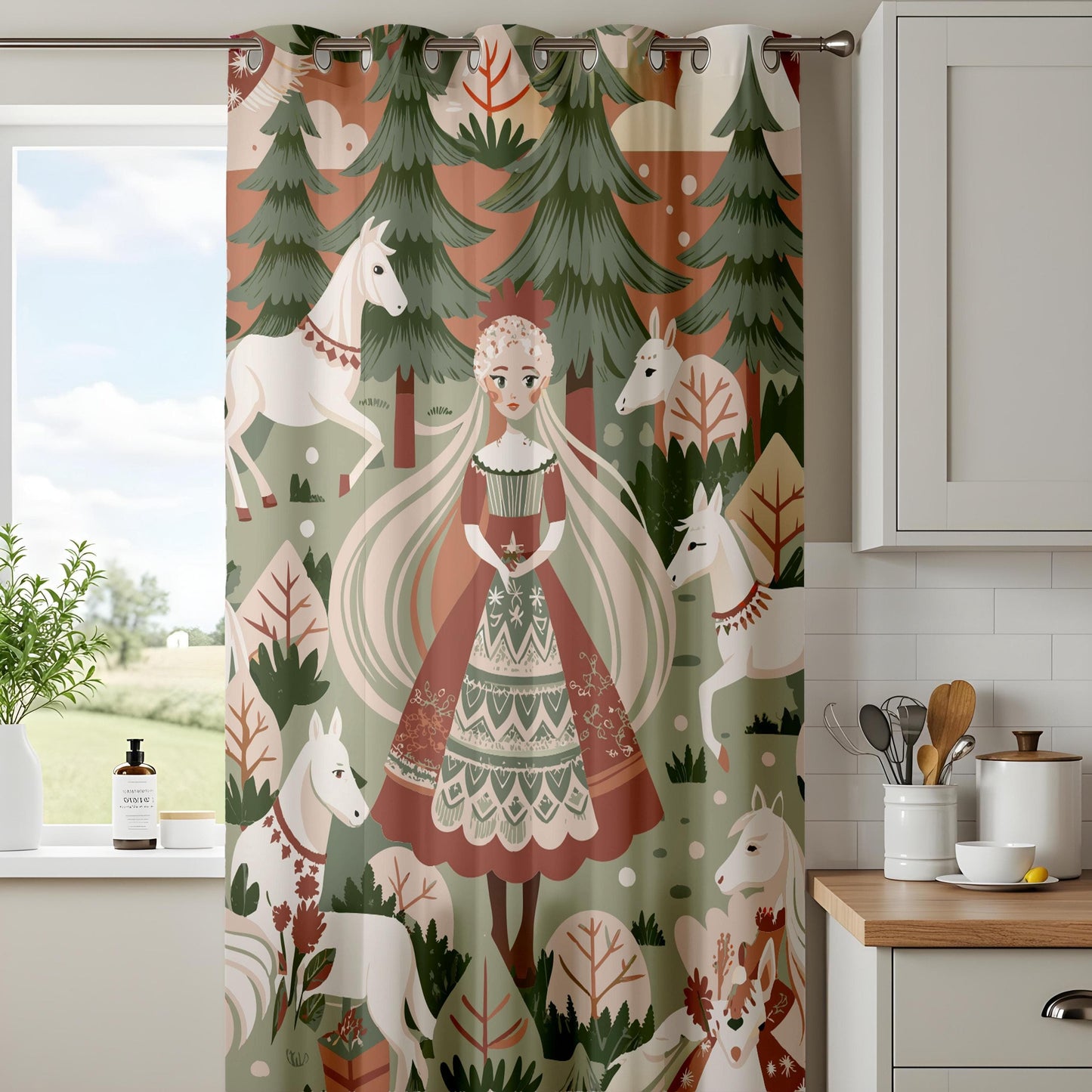 Onay Nursery Curtain, Fantasy Woodland Curtains, Elegant Princess and Forest Scene