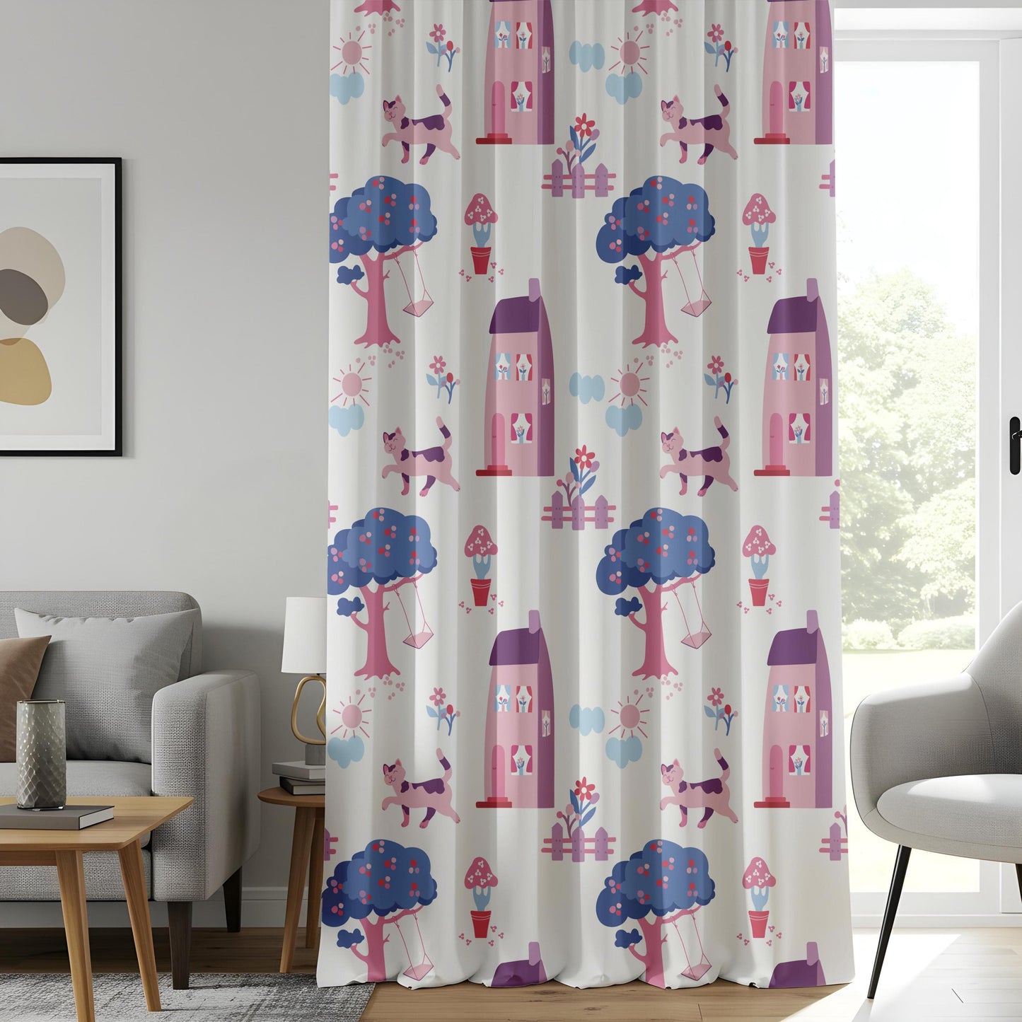 Onay Nursery Printed Curtain, Vibrant Kids Room Drapes, Summer Nature Theme