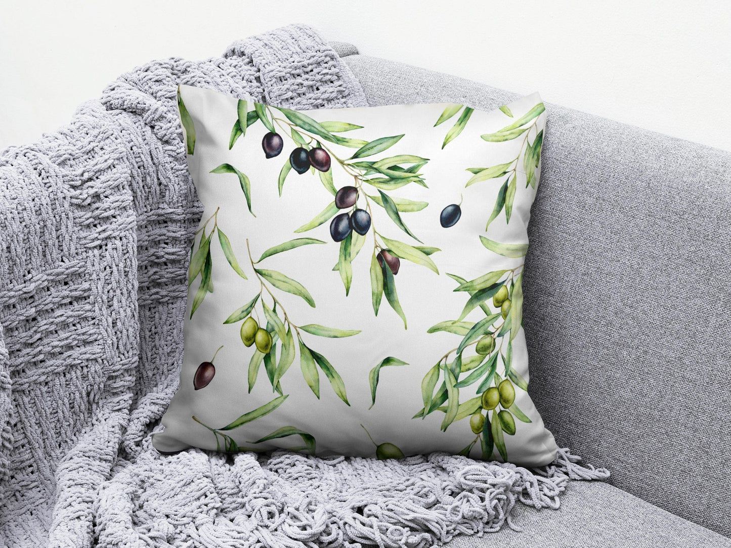 Onay 4 / 12 x 12 inch (30 x 30 cm) Olive Branch and Olive Tree Green Blue White Cushion Cover