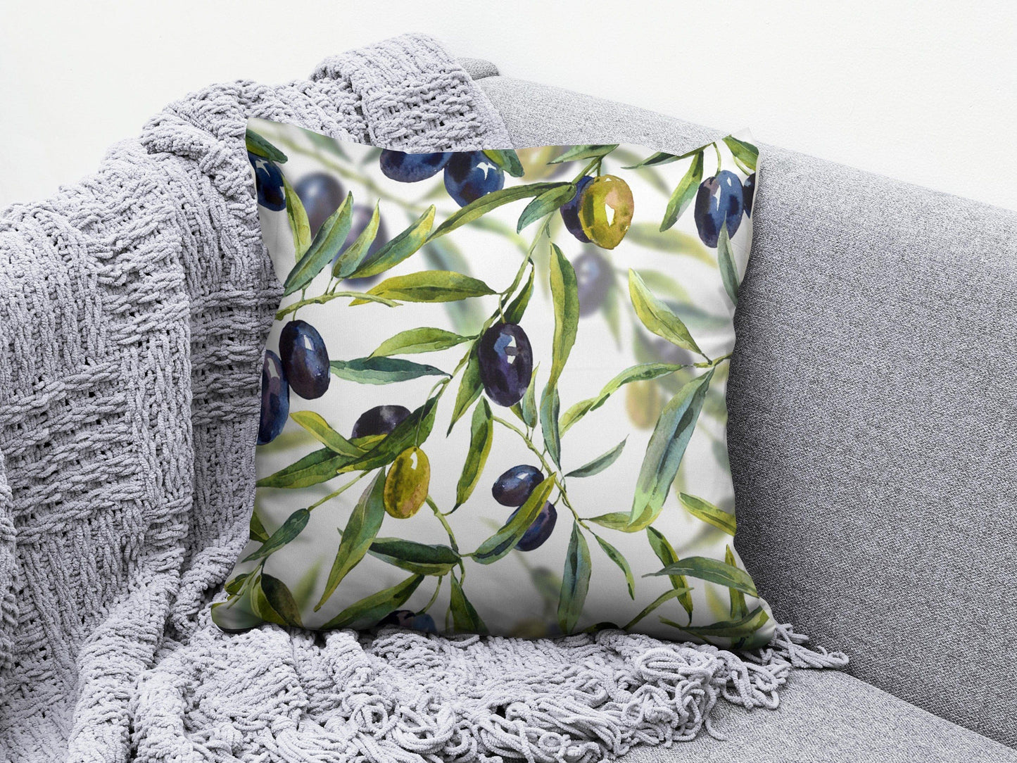 Onay 3 / 12 x 12 inch (30 x 30 cm) Olive Branch and Olive Tree Green Blue White Cushion Cover