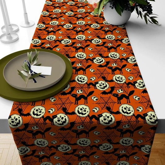 Onay Table Runner 1 / 12 x 46 inch (30 x 120 cm) Orange & Black Halloween Table Runner - Skeleton, Pumpkin, Cat, Spider Design