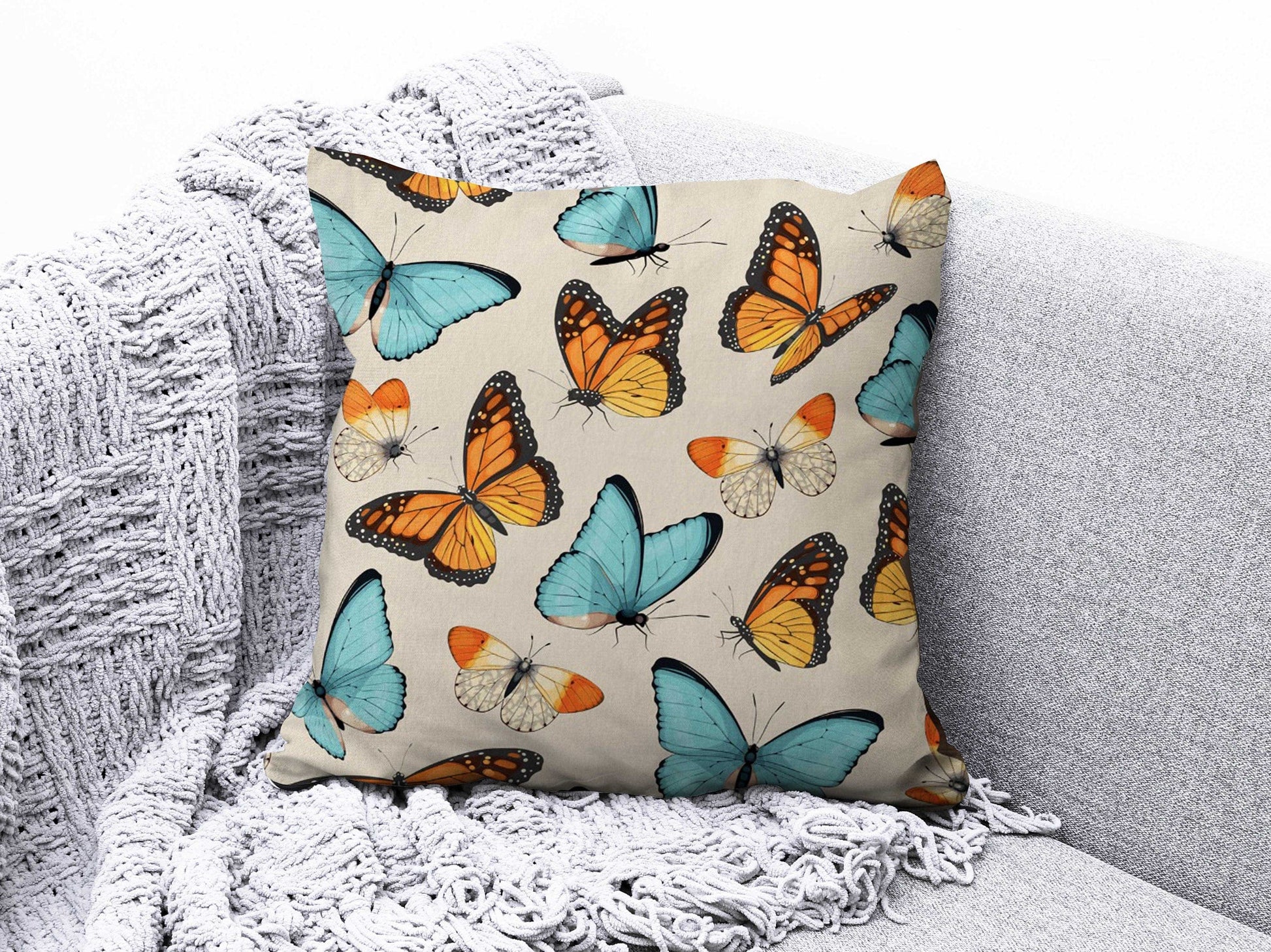 Onay 4 / 12 x 12 inch (30 x 30 cm) Orange Butterfly Decorative Farmhouse Cushion Cover