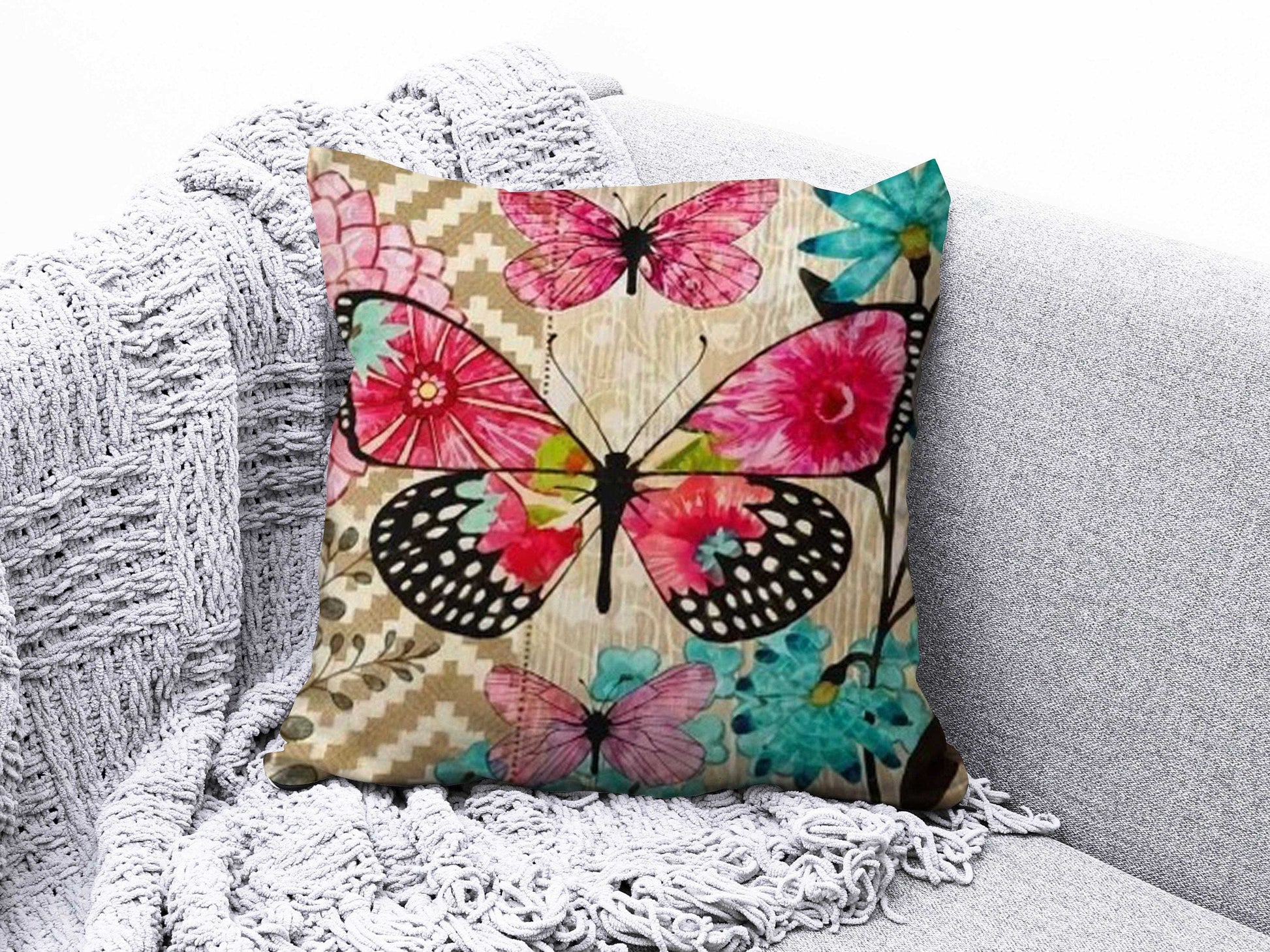 Onay 3 / 12 x 12 inch (30 x 30 cm) Orange Butterfly Decorative Farmhouse Cushion Cover