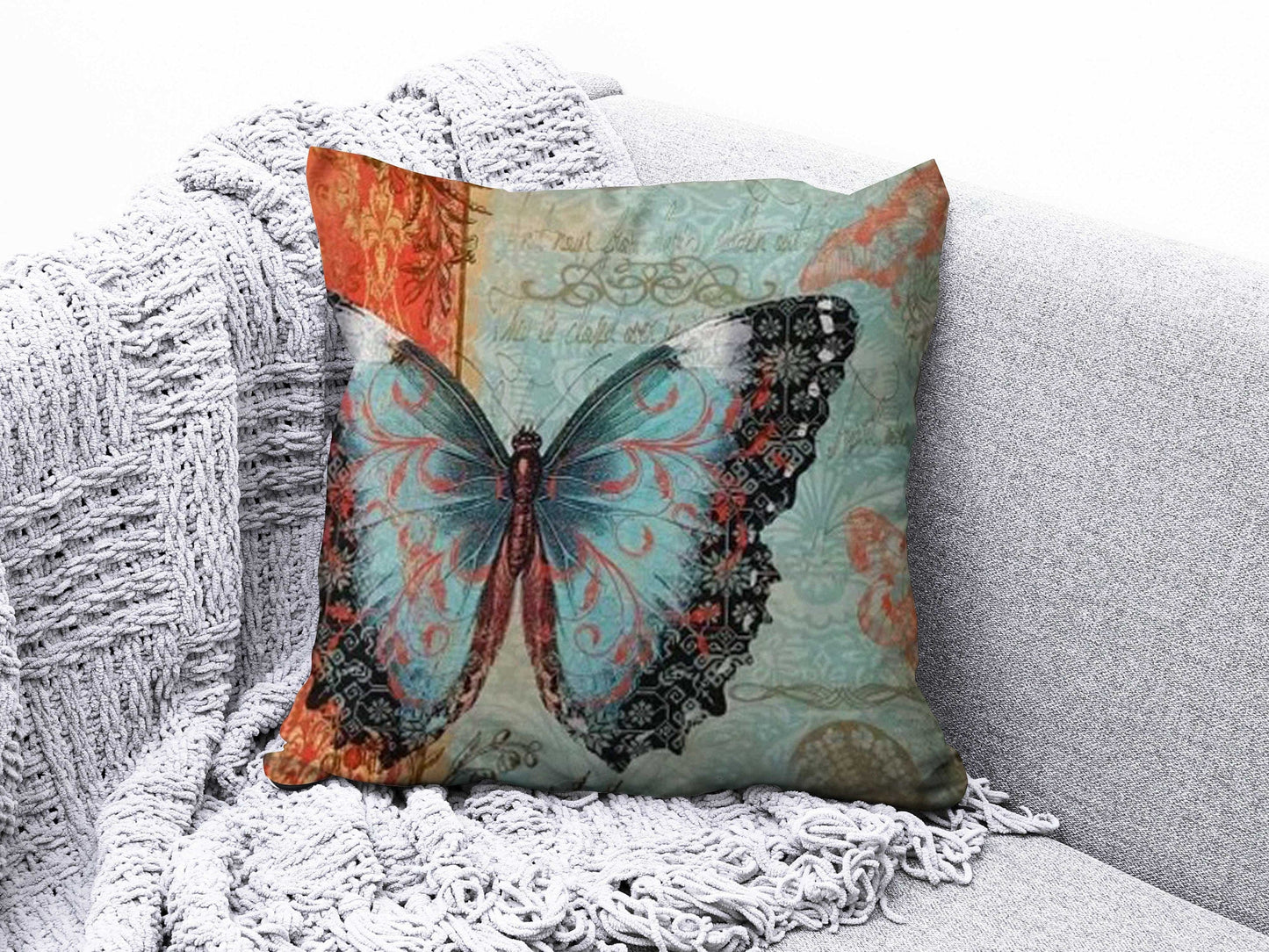 Onay 2 / 12 x 12 inch (30 x 30 cm) Orange Butterfly Decorative Farmhouse Cushion Cover